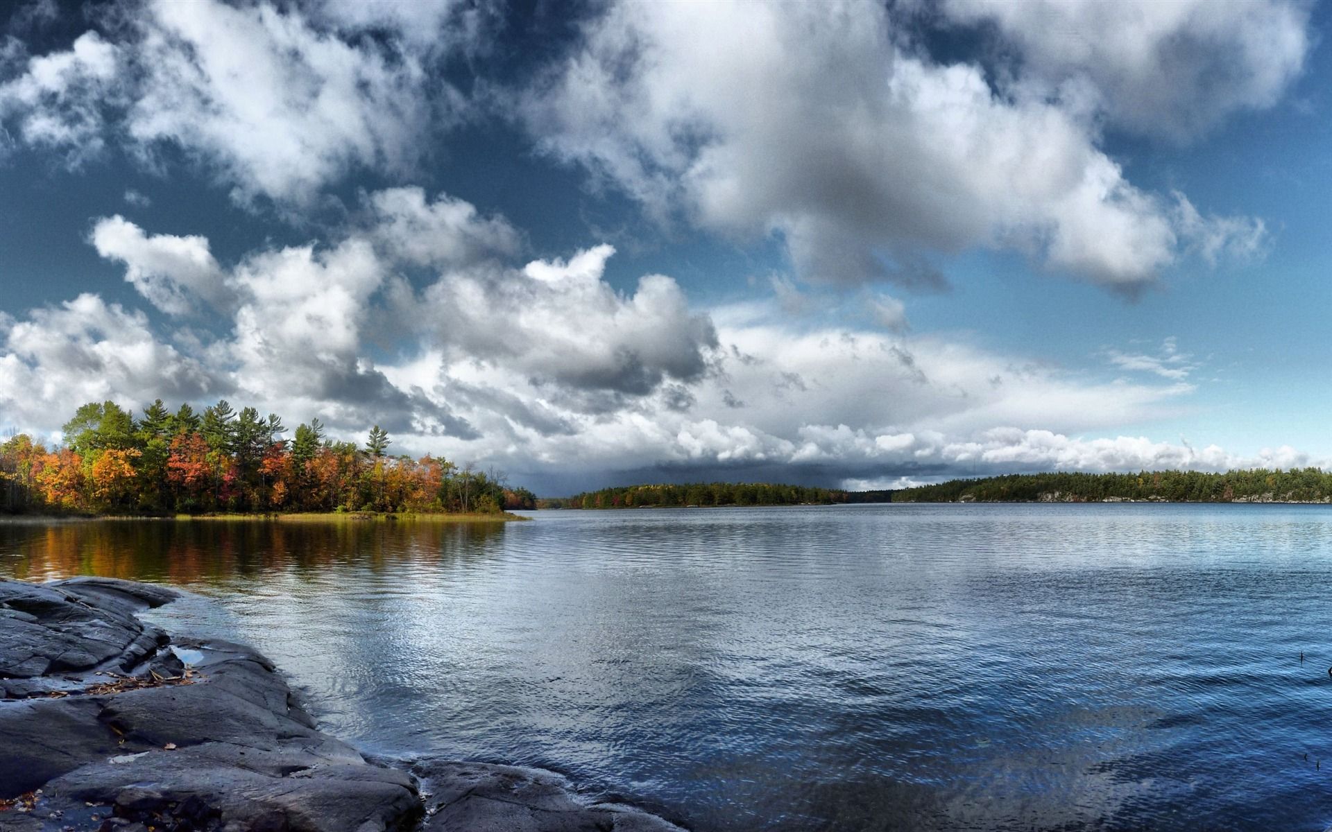 See, Wolken, Felsen, Herbst, Blauer Himmel, 16:10, Full-HD-Hintergrundbild für den Desktop