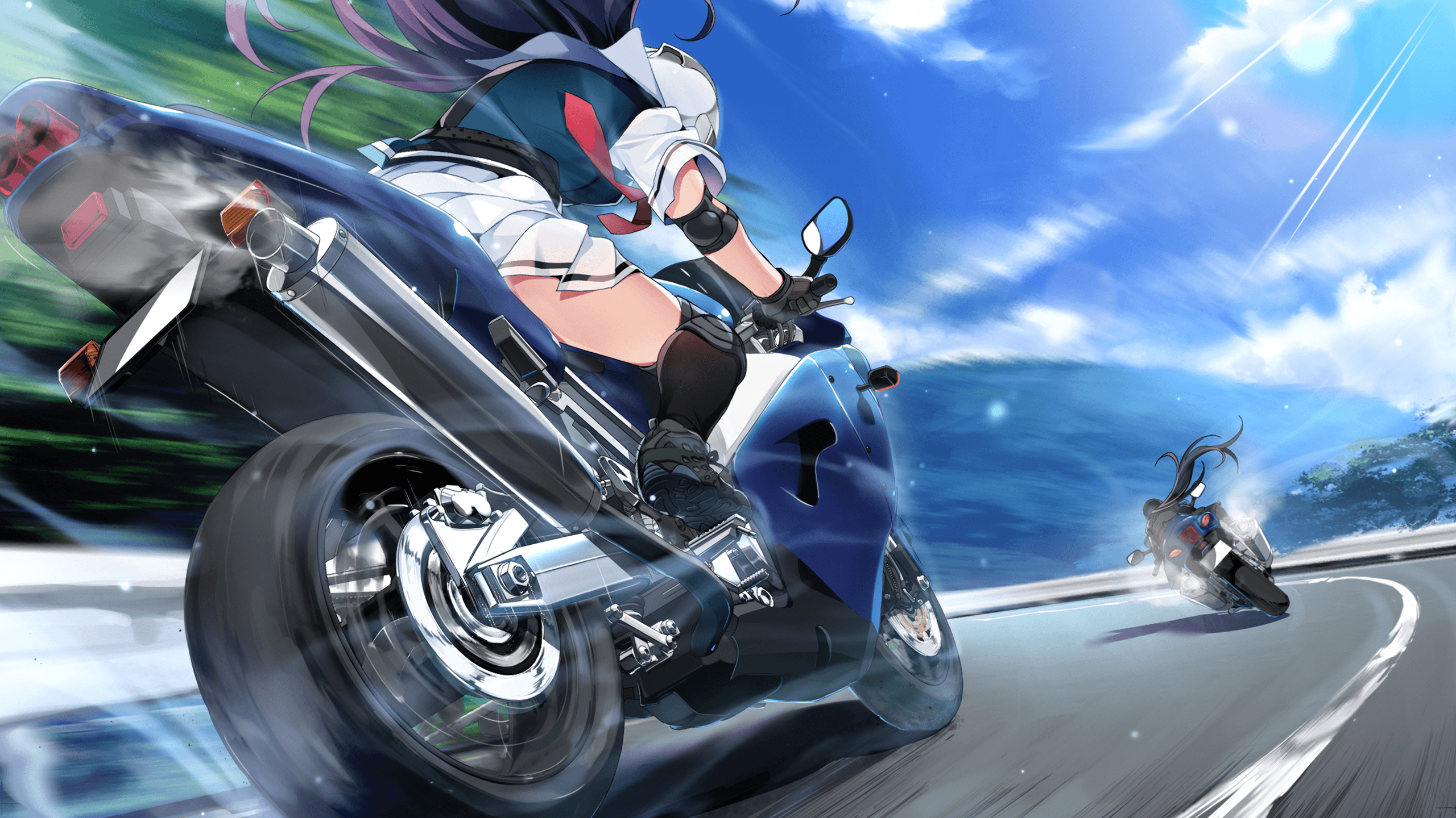 Anime, Motorradfahrerin, Rennen, Straße, Blauer Himmel, Geschwindigkeit, 2K, Breitbild-Hintergrundbild