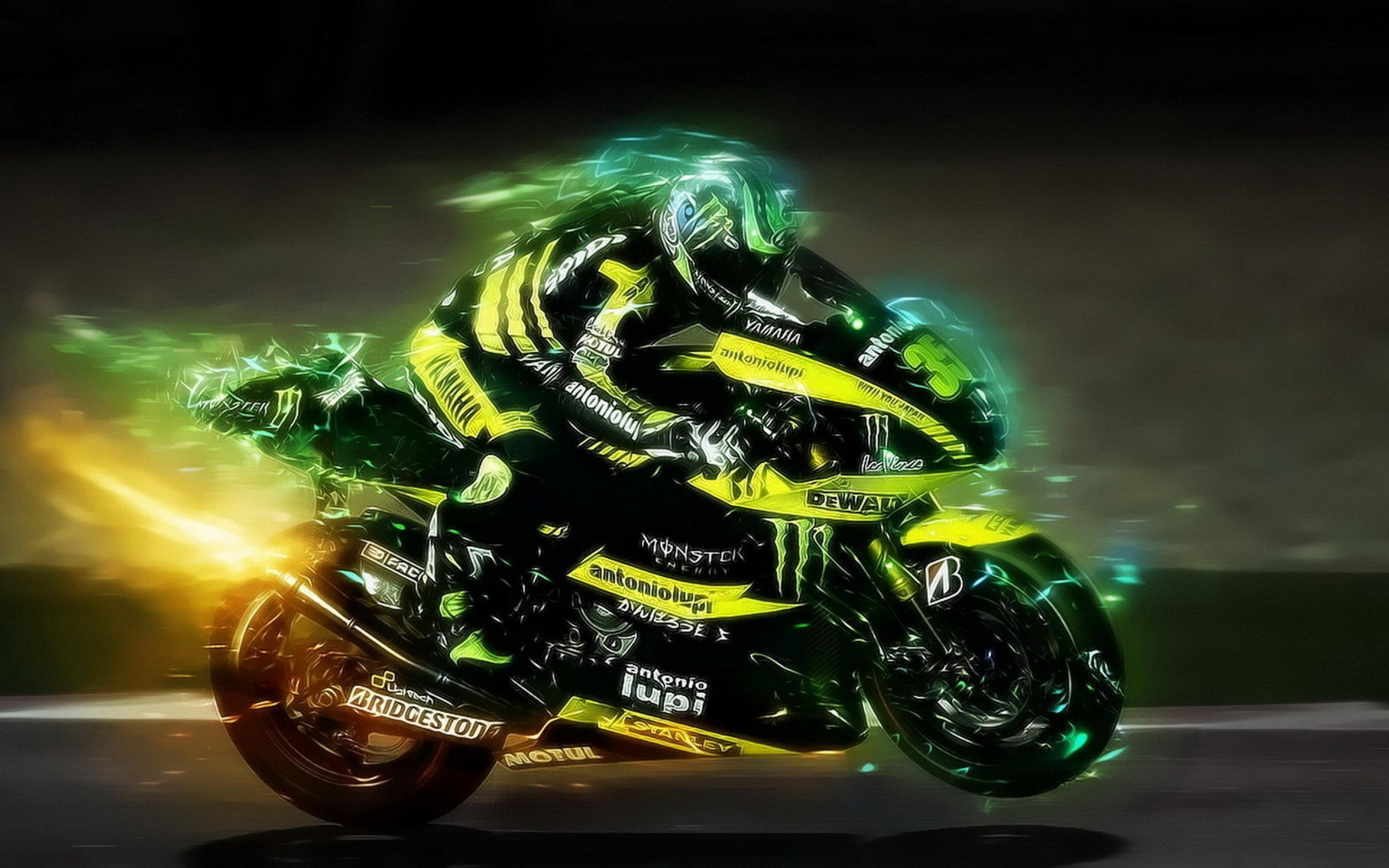 MotoGP, Monster Energy, Yamaha, Rennmotorrad, Grüne Flammen, Digital Art, 2K-Hintergrundbild für PC