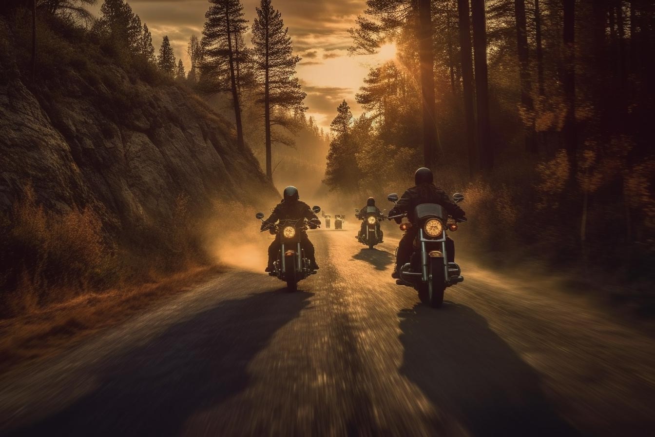 Motorradgruppe, Cruiser, Waldstraße, Sonnenuntergang, Goldenes Licht, HD, PC-Hintergrundbild