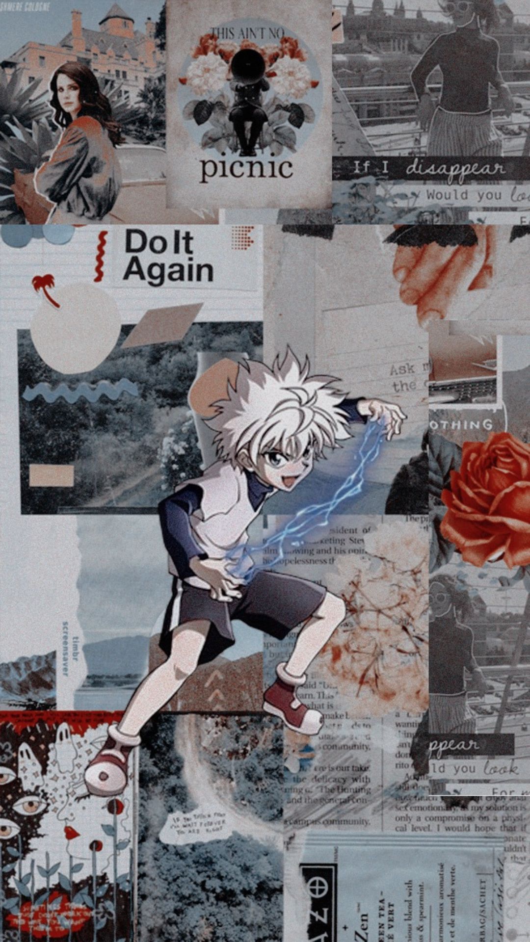Killua Zoldyck, Hunter × Hunter, Collage, Do It Again, Grau-Rot, Android-Hintergrundbild