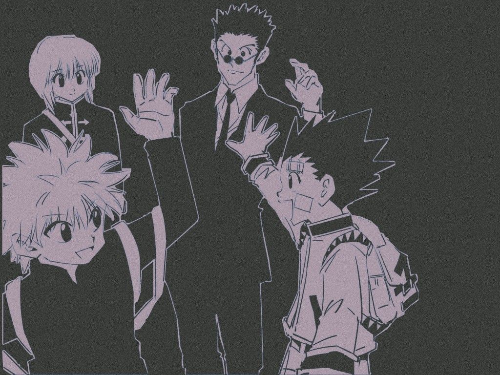 Gon Freecss, Killua Zoldyck, Kurapika, Leorio Paradinight, Hunter × Hunter, Linienkunst, Tablet-Hintergrund