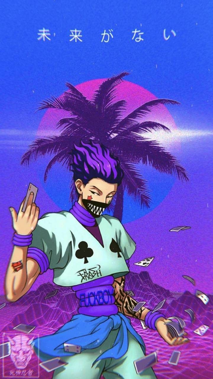 Hunter × Hunter, Vaporwave, Palme, Japanische Schrift, Lila, HD, Handy-Hintergrundbild