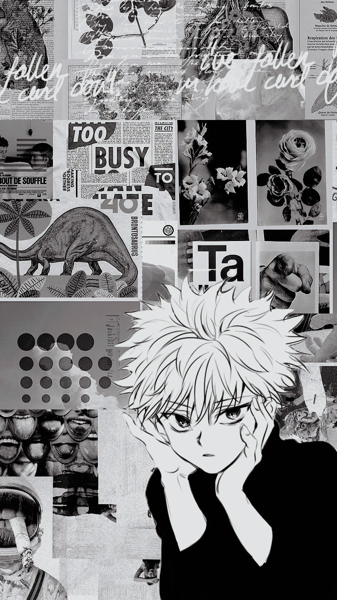 Killua Zoldyck, Hunter × Hunter, Manga-Collage, Schwarz-Weiß, Anime, Android-Hintergrundbild