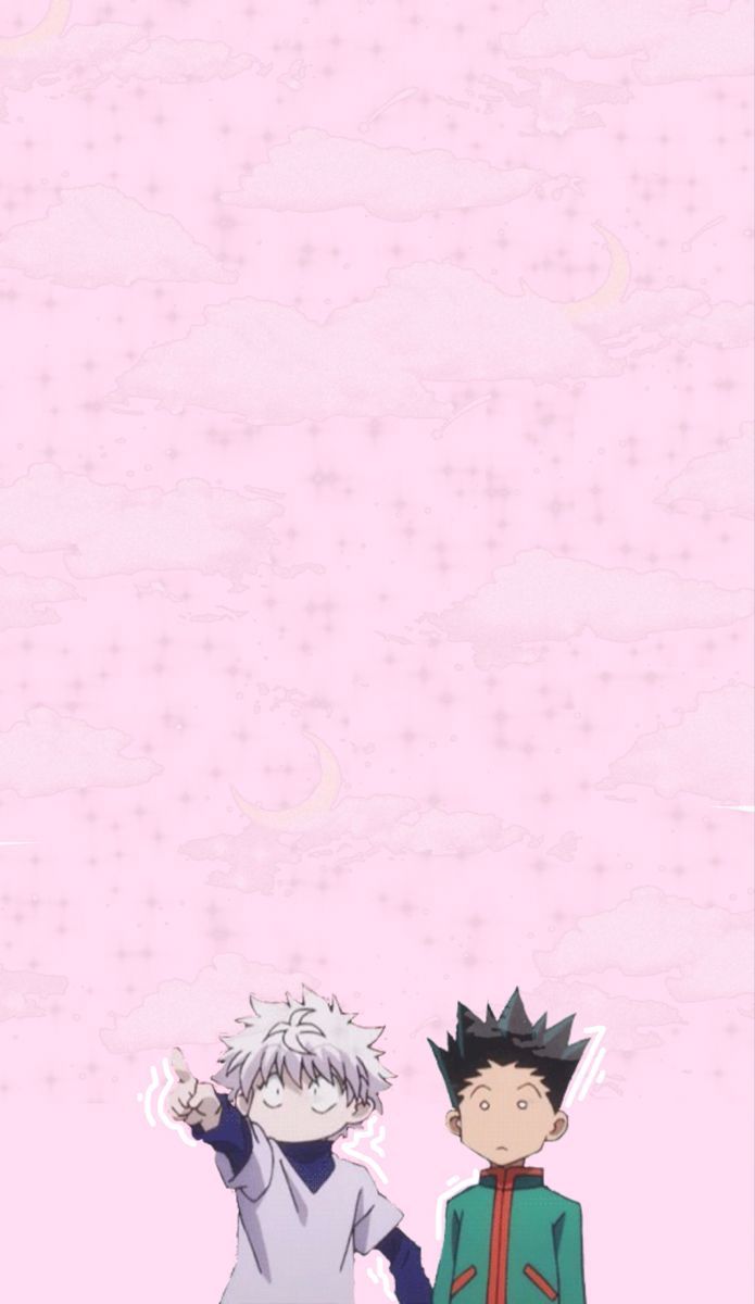 Killua Zoldyck, Gon Freecss, Hunter × Hunter, Rosa Hintergrund, Pastell, Sperrbildschirm fürs iPhone