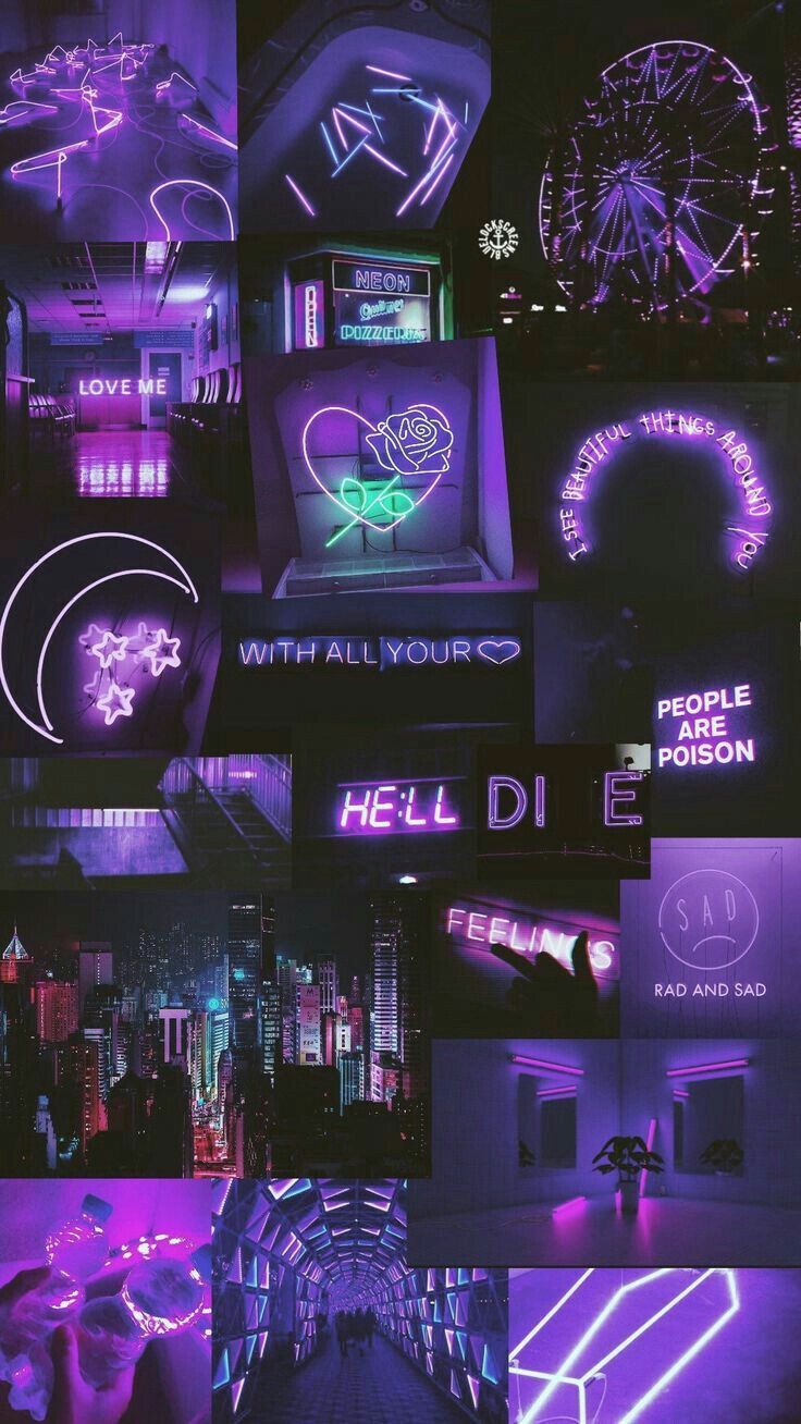 Collage, Lila Ästhetik, Neonlichter, Moodboard, Dunkel, HD, Handy-Hintergrund im Hochformat
