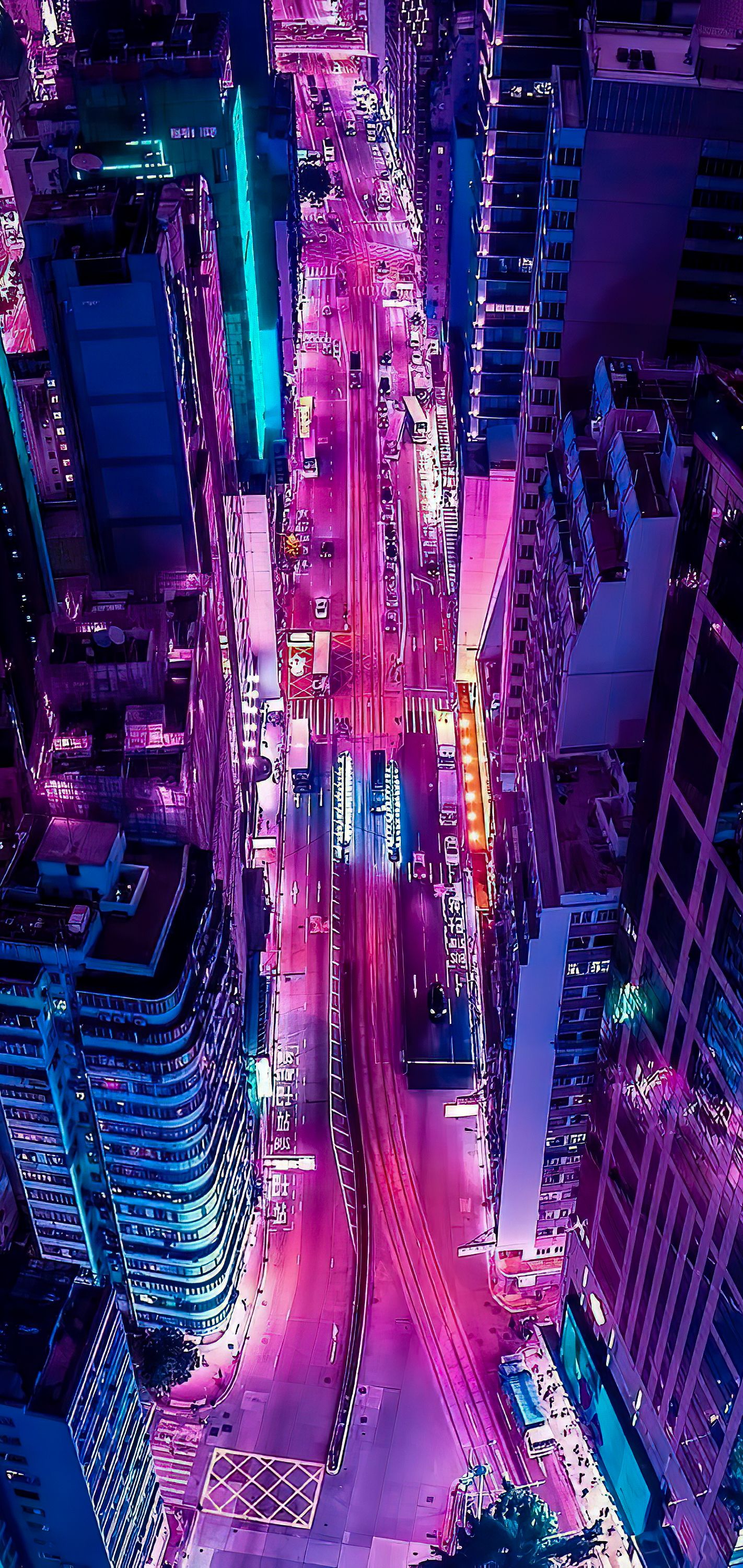 Stadt bei Nacht, Vogelperspektive, Straße, Neonlichter, Hochhäuser, Full HD, iPhone-Hintergrundbild