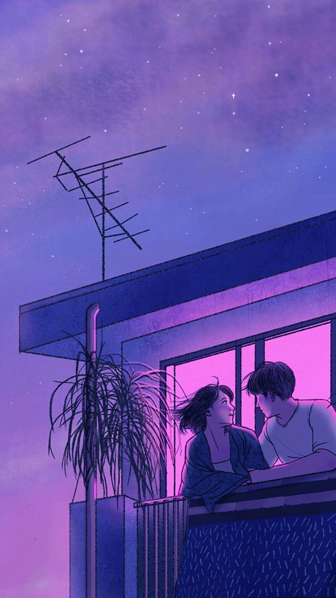 Anime, Paar, Balkon, Lila Himmel, Antenne, Abend, Full HD, Handy-Hintergrund im Hochformat