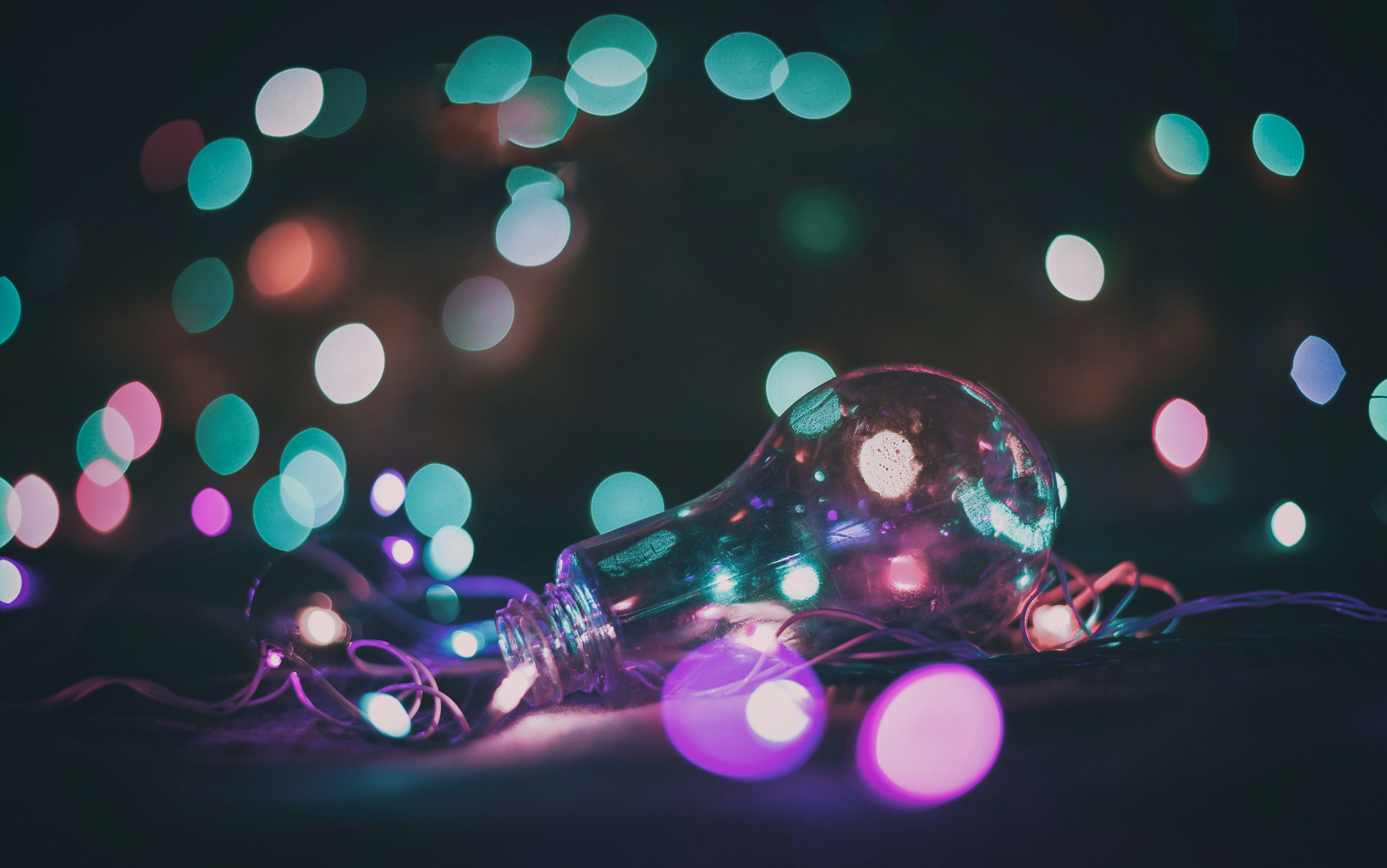 Glühbirne, Bokeh, Lichterkette, Türkis-Pink, Unschärfe, 5K, Hintergrund für den Desktop