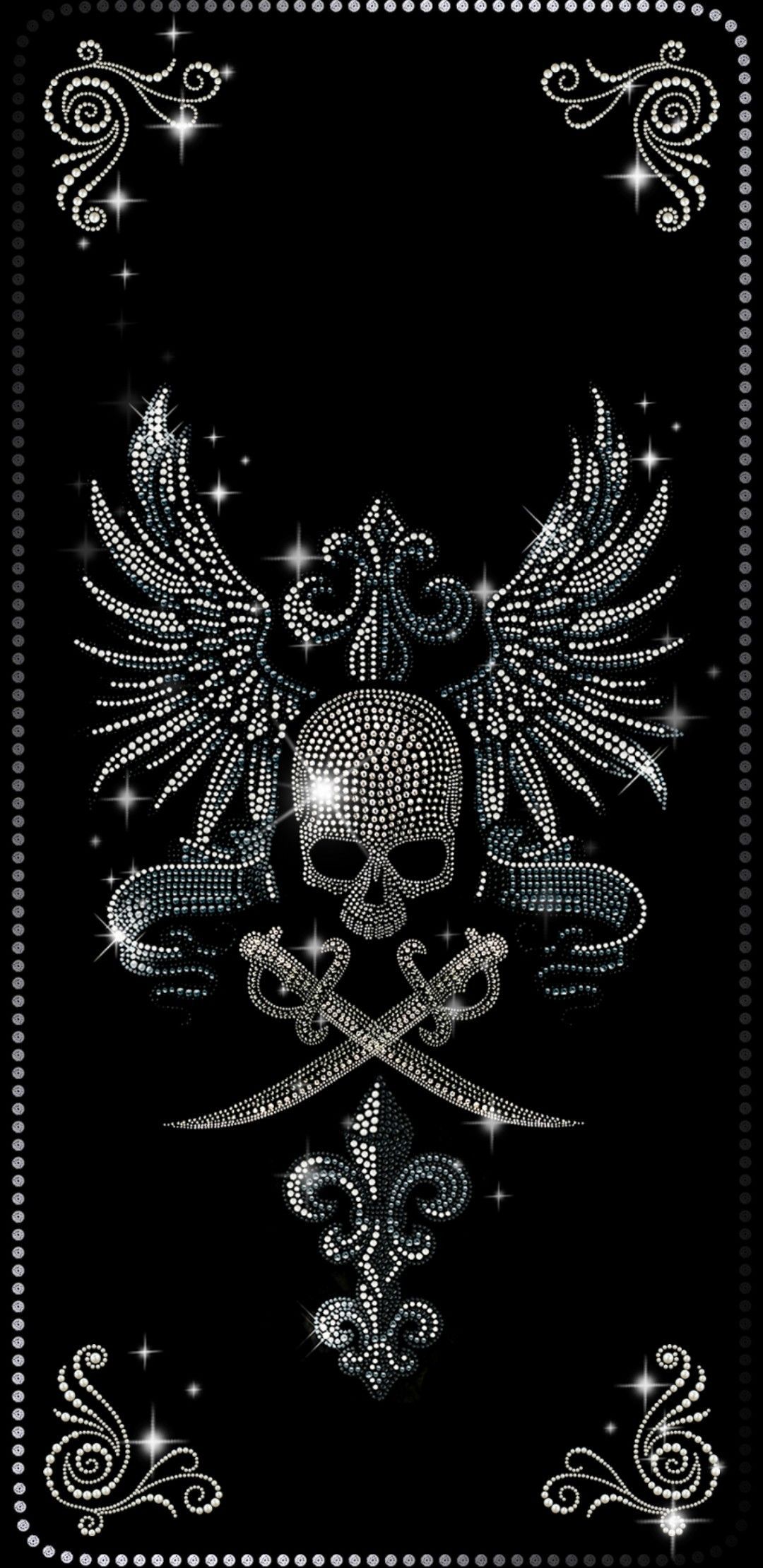 Totenkopf, Flügel, Ornament, Gotisch, Schwarz, Full HD, Handy-Hintergrund im Hochformat