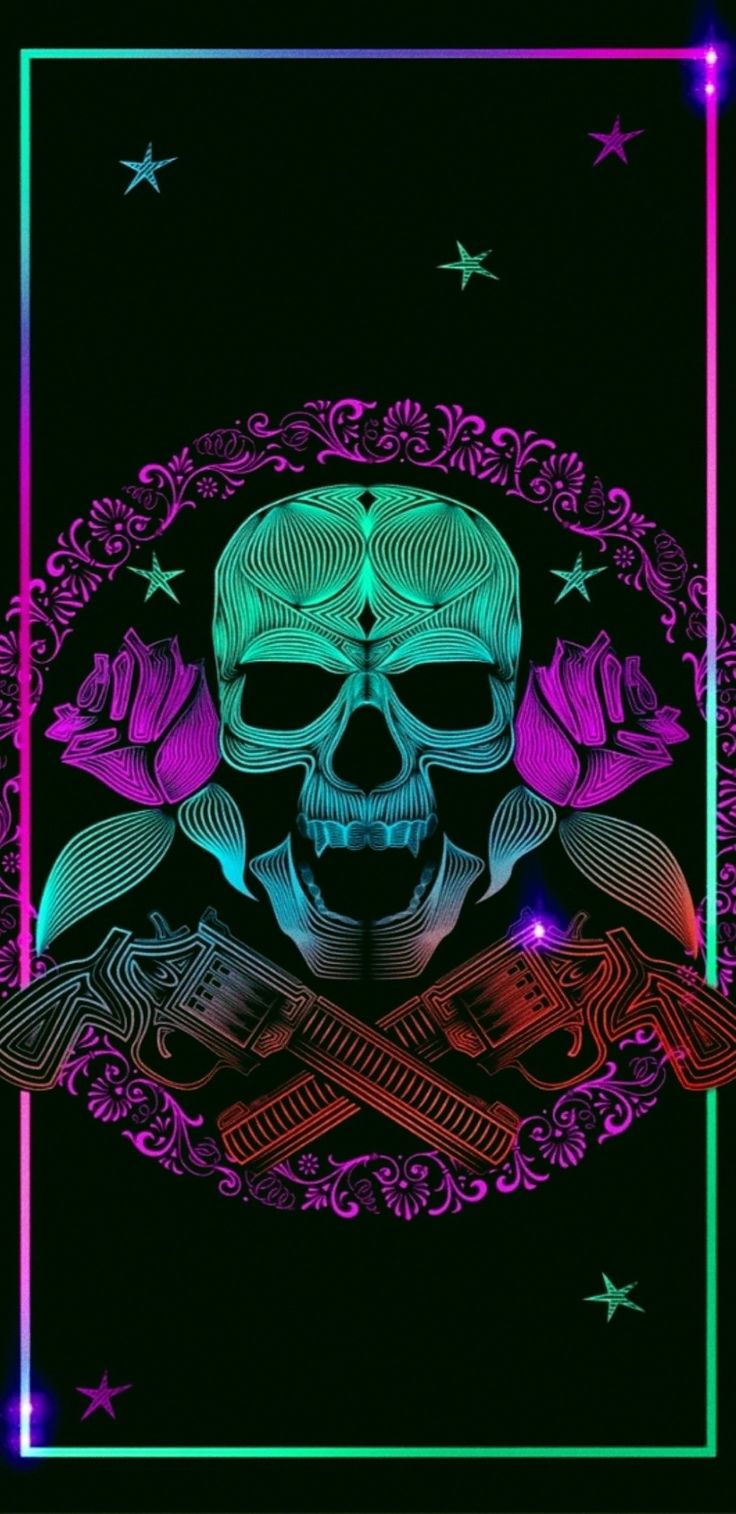 Totenkopf, Rosen, Neon, Grün, Tattoo-Stil, Hochformat, Hintergrundbild fürs Smartphone