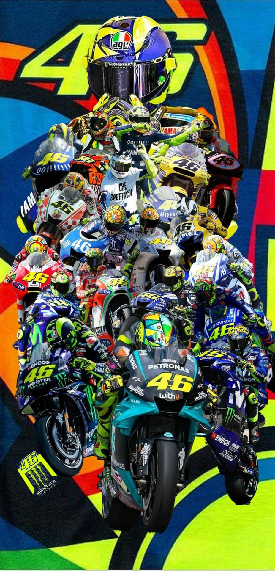 Valentino Rossi, VR46, Collage, Bunt, Motorradrennen, Hochformat, Hintergrundbild fürs Smartphone