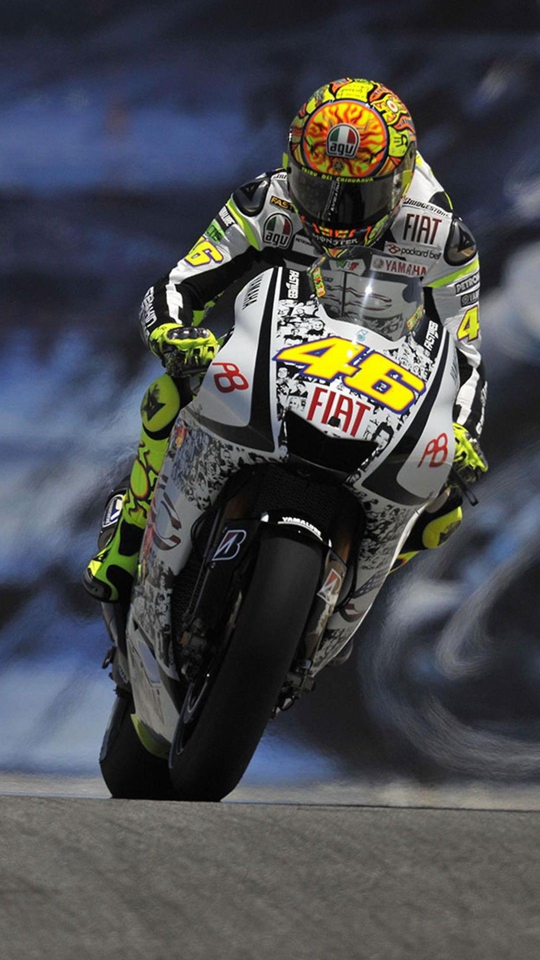Valentino Rossi, Yamaha, Startnummer 46, Schräglage, Rennmotorrad, Full HD, Handy-Hintergrund