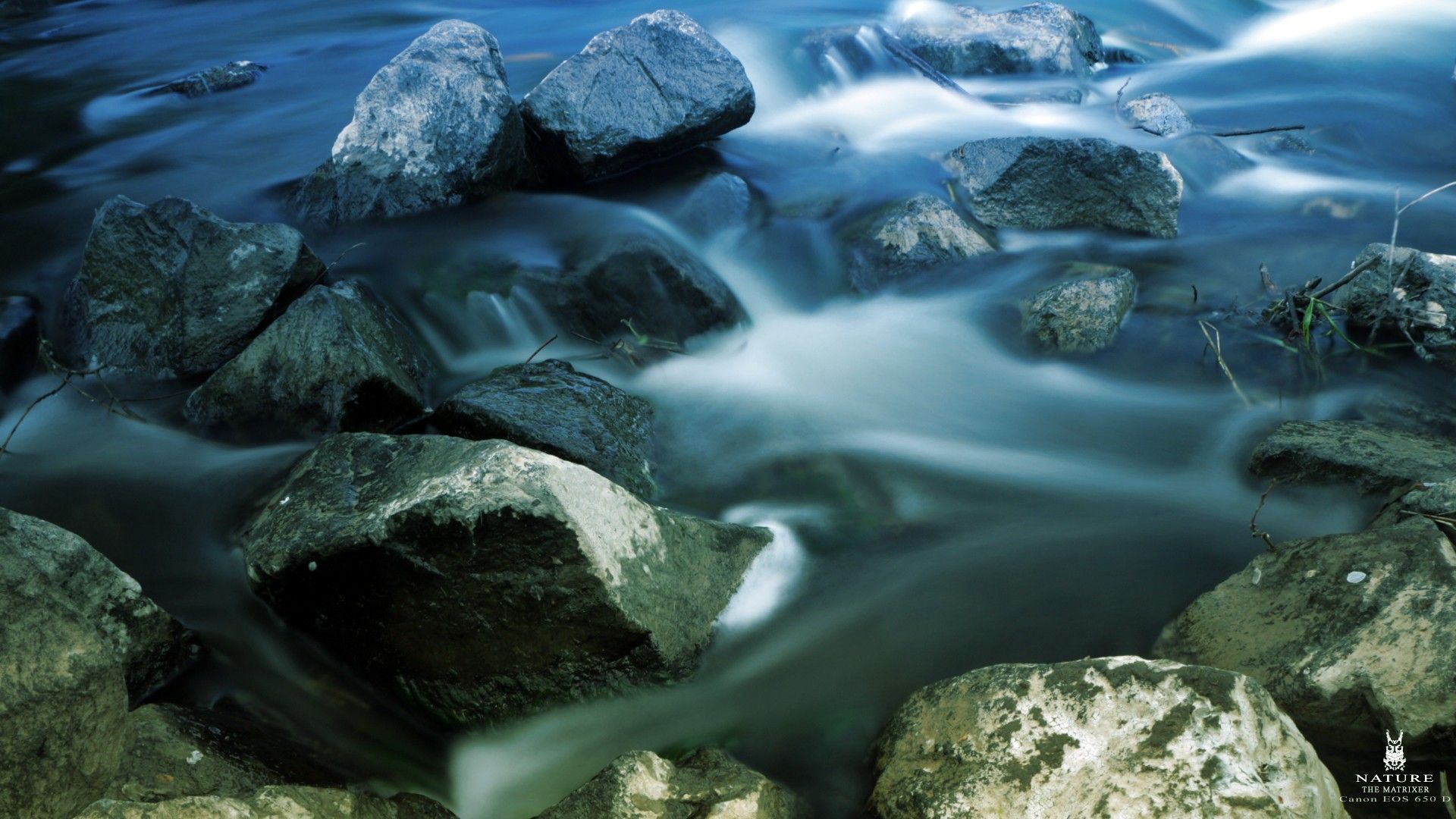 Bach, Steine, Langzeitbelichtung, Wasser, Blau, 16:9, Full-HD-Hintergrundbild für den Desktop