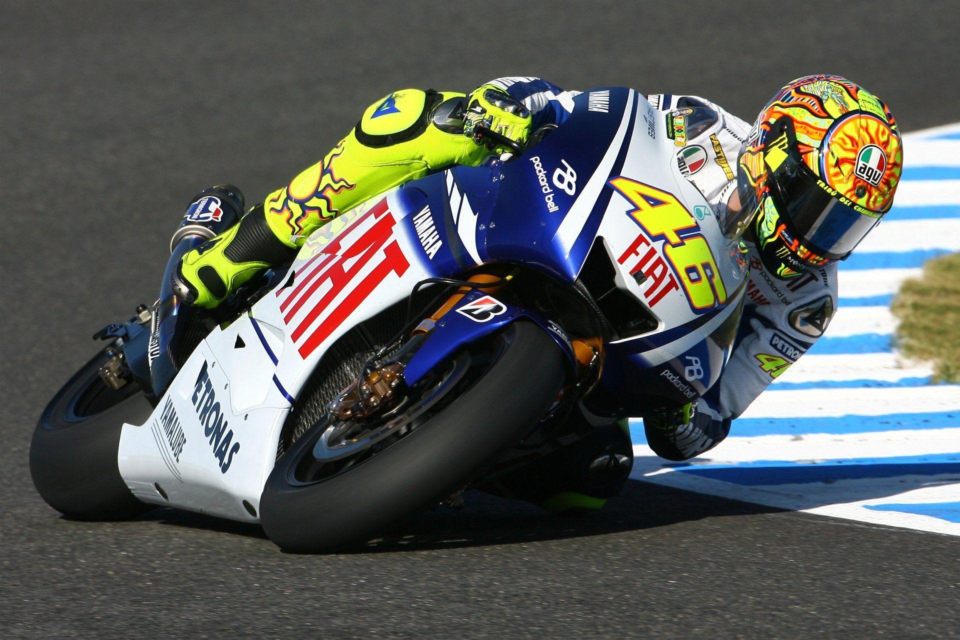 Valentino Rossi, Fiat Yamaha, Yamaha YZR-M1, Kurvenfahrt, Schräglage, Rennstrecke, Full-HD-Hintergrundbild