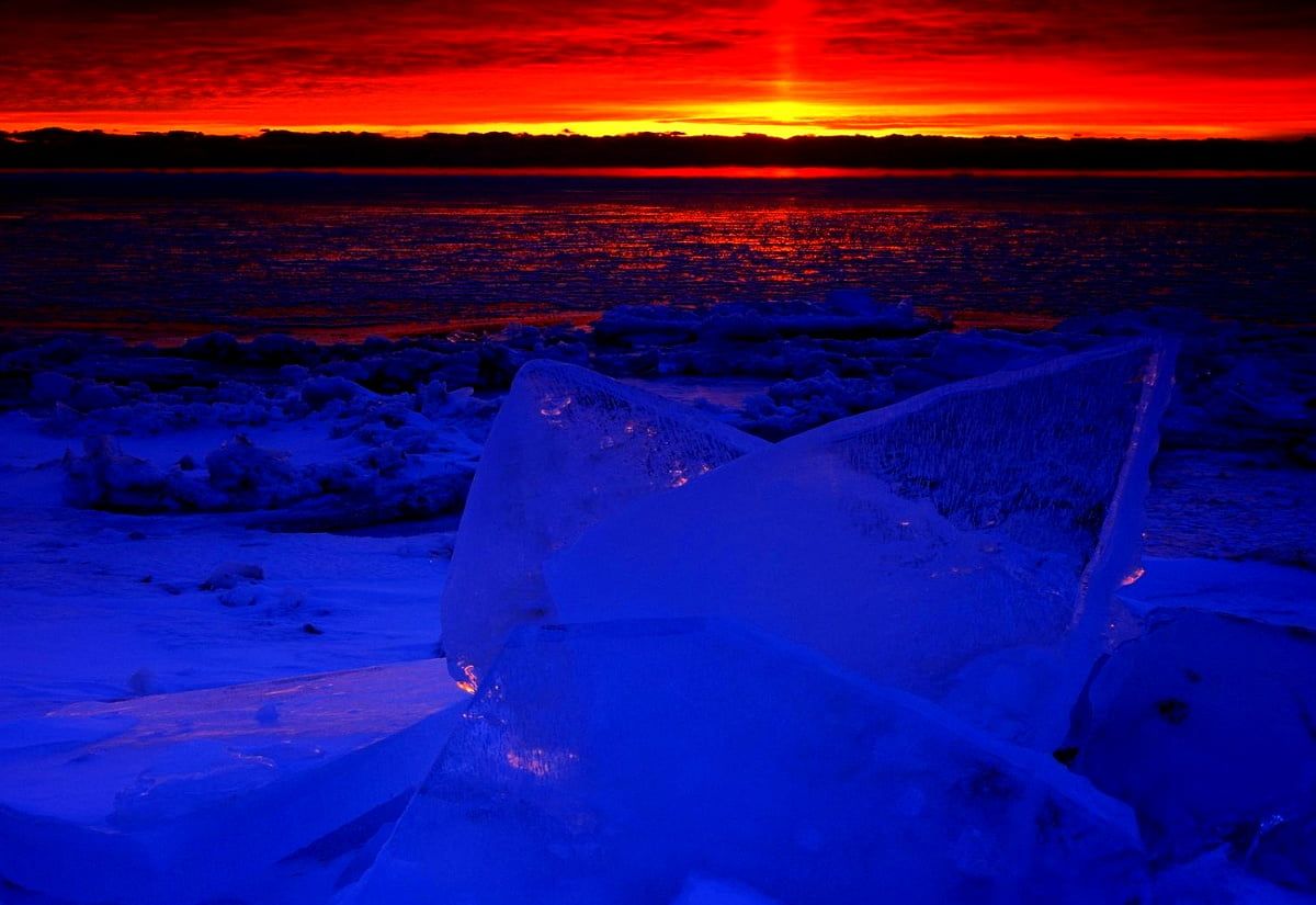 Eis, Sonnenuntergang, Roter Himmel, Blau, Winter, Hintergrund