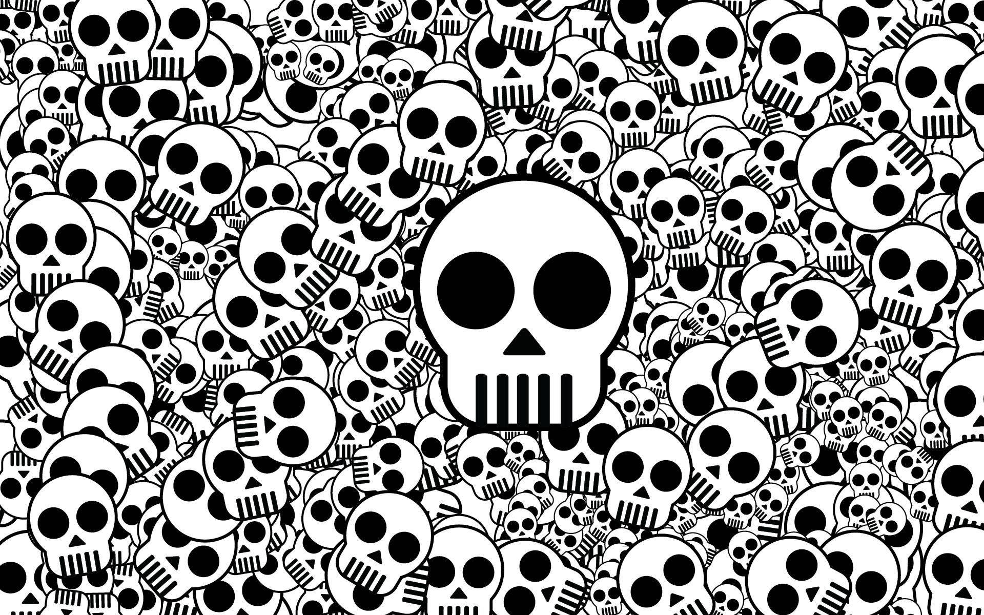 Totenköpfe, Muster, Schwarz-Weiß, Cartoon, Full HD, Desktop-Hintergrund für Windows