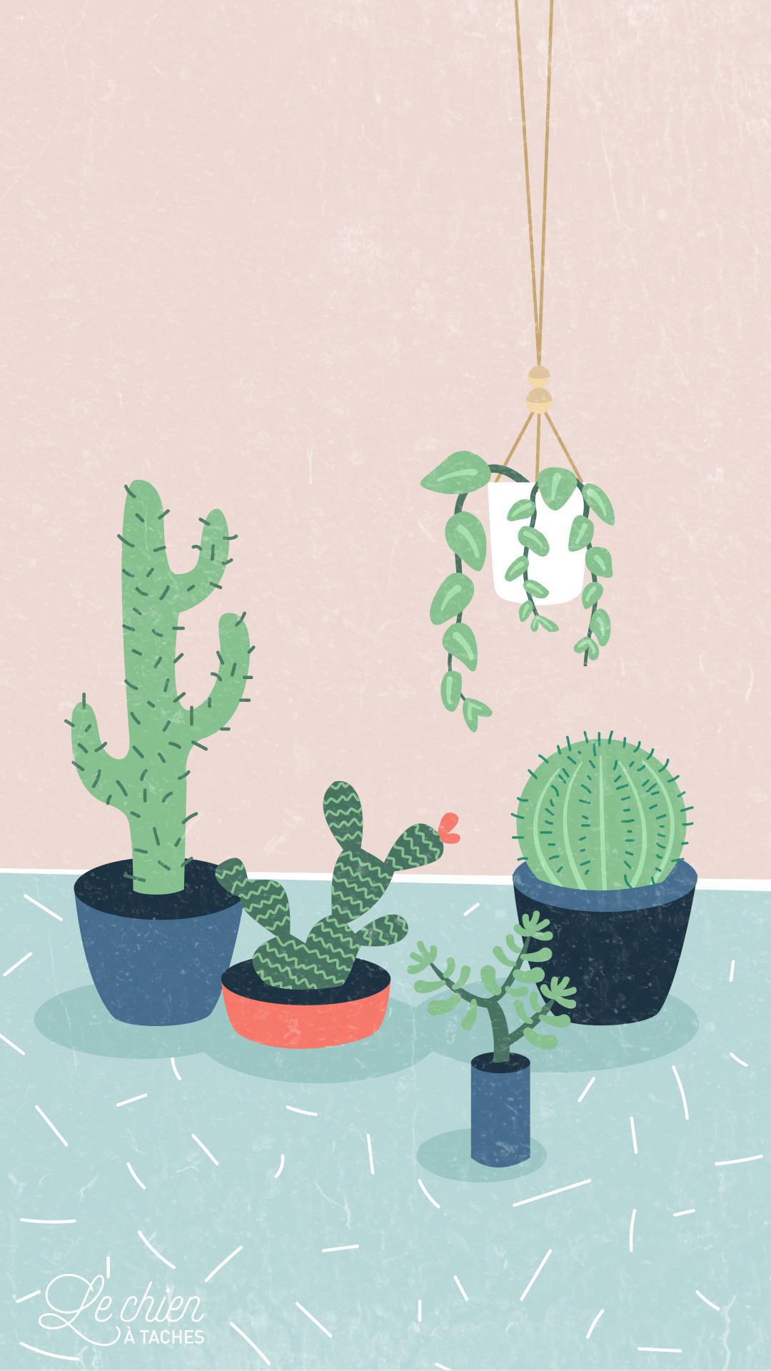 Topfkakteen, Hängepflanze, Illustration, Pastellfarben, Mintgrün, Full HD, iPhone-Hintergrundbild