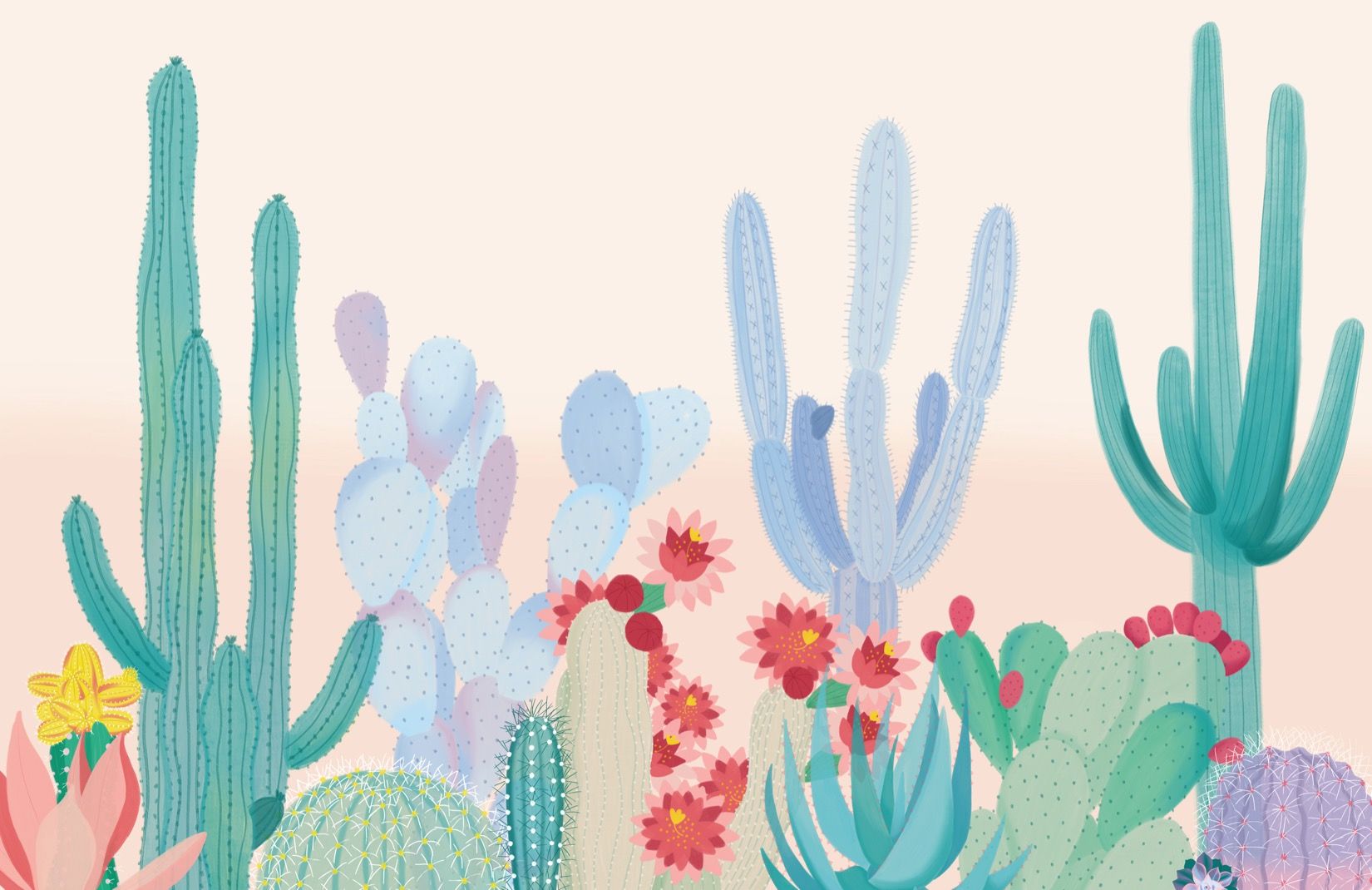 Kakteenlandschaft, Feigenkaktus, Kaktusblüten, Illustration, Pastellfarben, HD, Laptop-Hintergrundbild