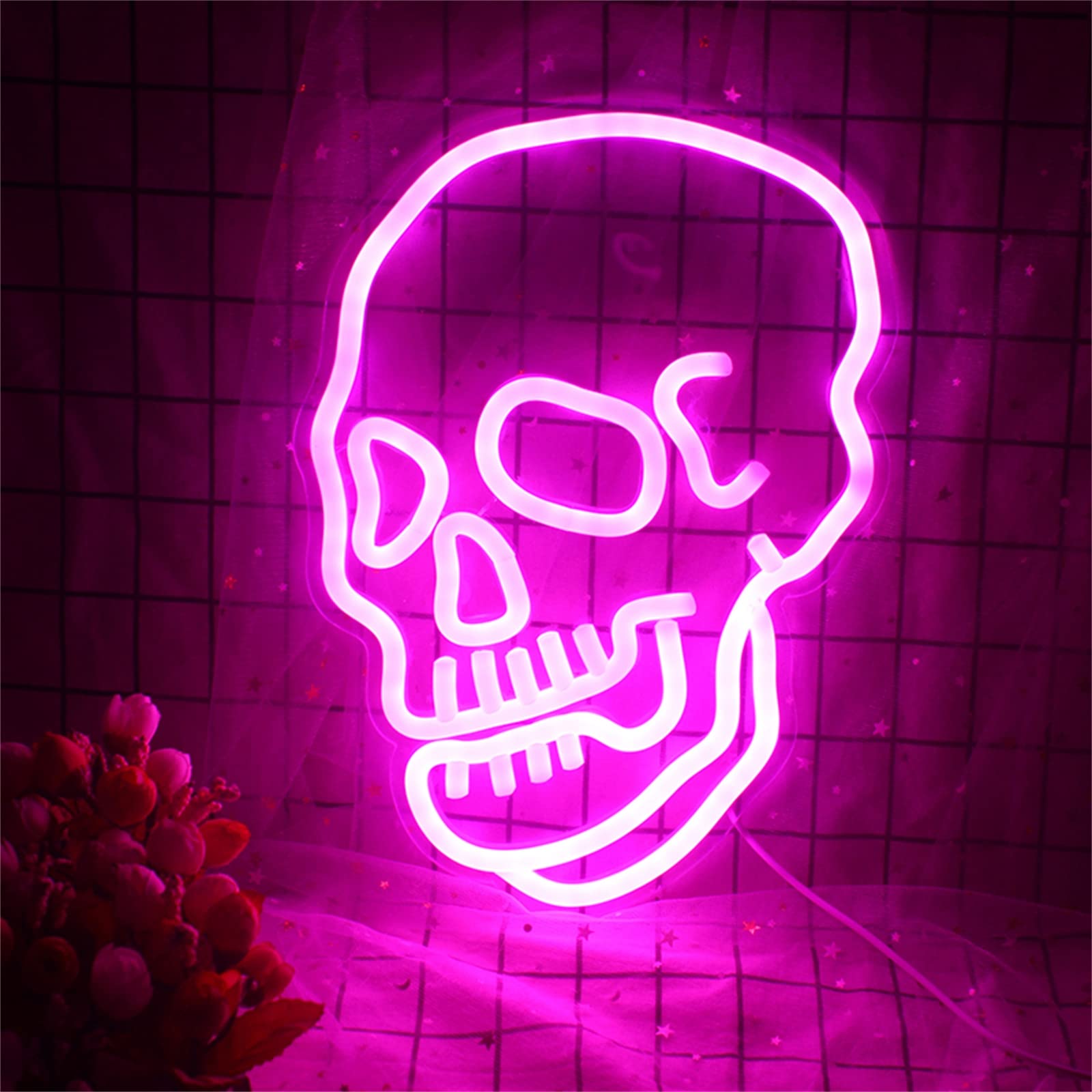 Totenkopf, Neonschild, Pink, Leuchtreklame, Hintergrundbild für iPad und Tablet