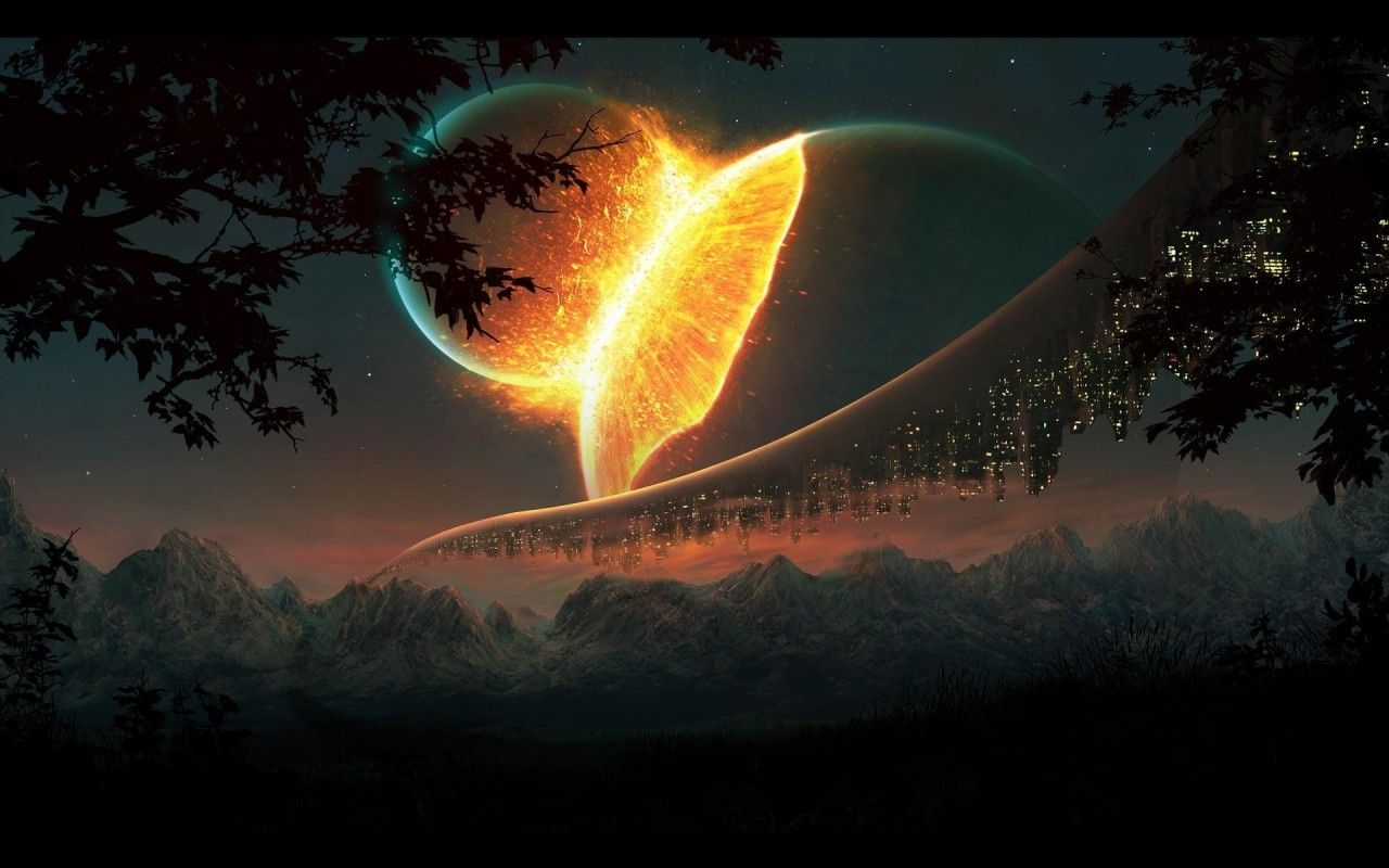 Planet, Ringe, Feuer, Nachthimmel, Fantasy, Wald, HD, Hintergrundbild für den PC