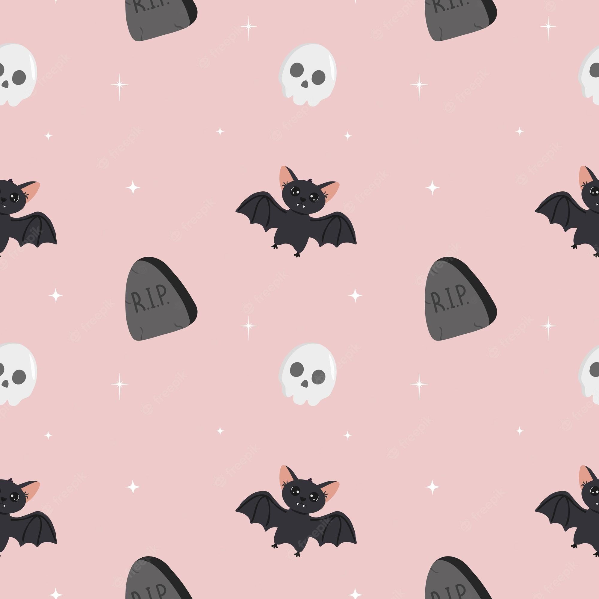 Fledermäuse, Totenköpfe, Grabsteine, Halloween, Rosa Hintergrund, Full HD Wallpaper