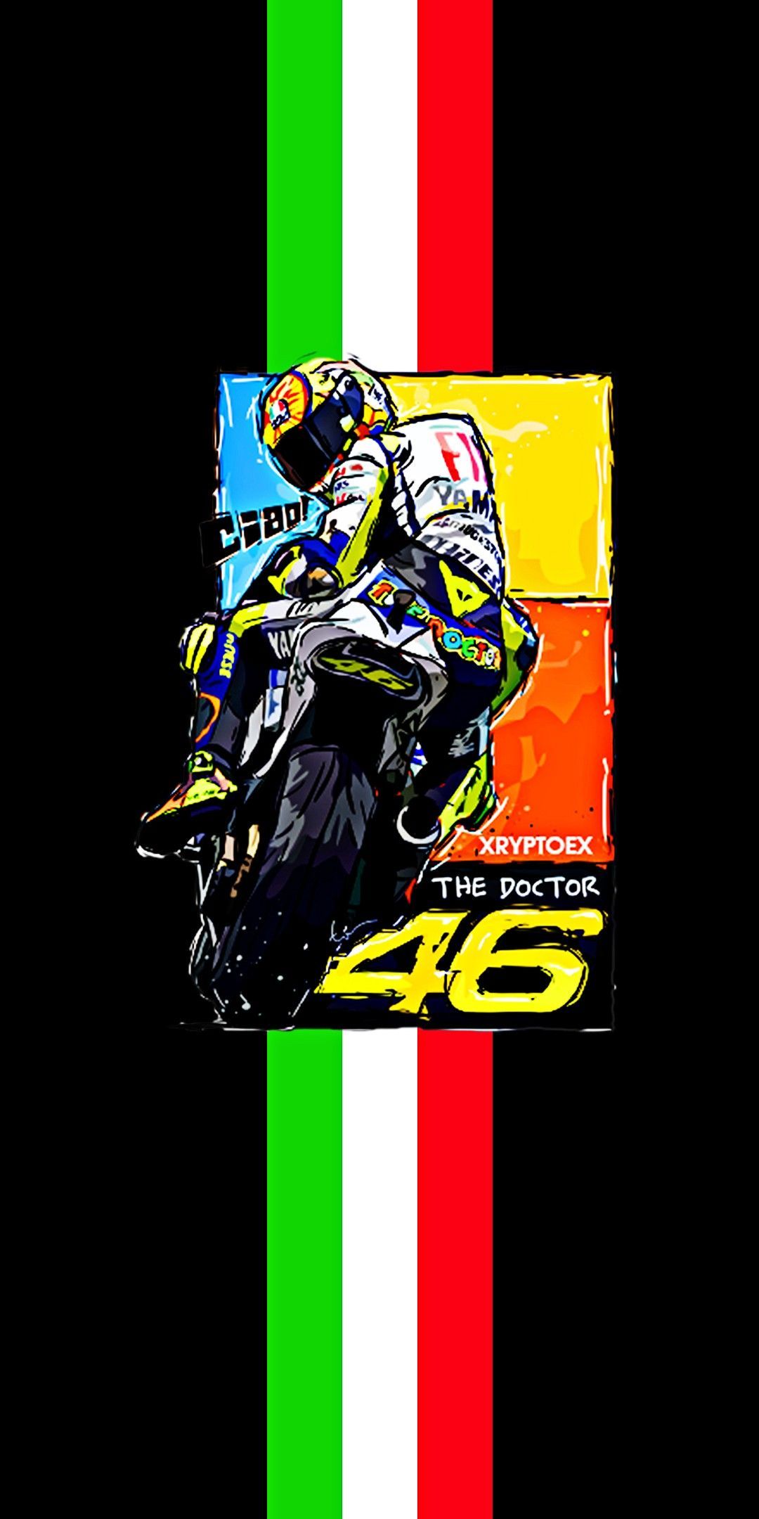 Valentino Rossi, Startnummer 46, Italienische Flagge, Grafikdesign, Schwarzer Hintergrund, Sperrbildschirm