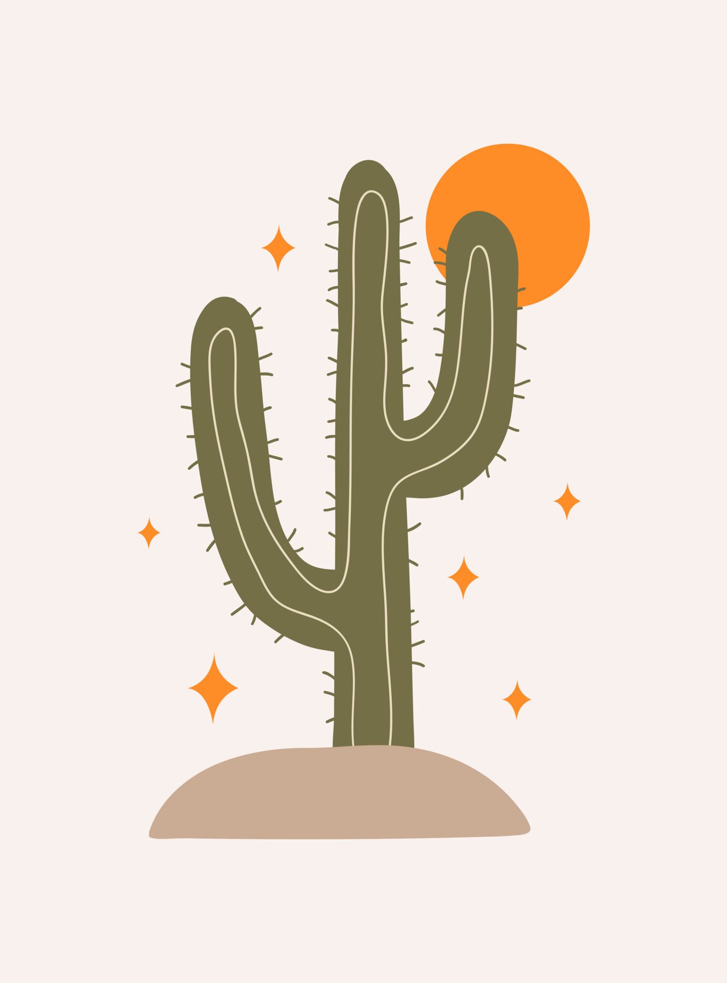 Saguaro, Sonne, Illustration, Boho, Beige, Full HD, Hintergrundbild fürs Tablet