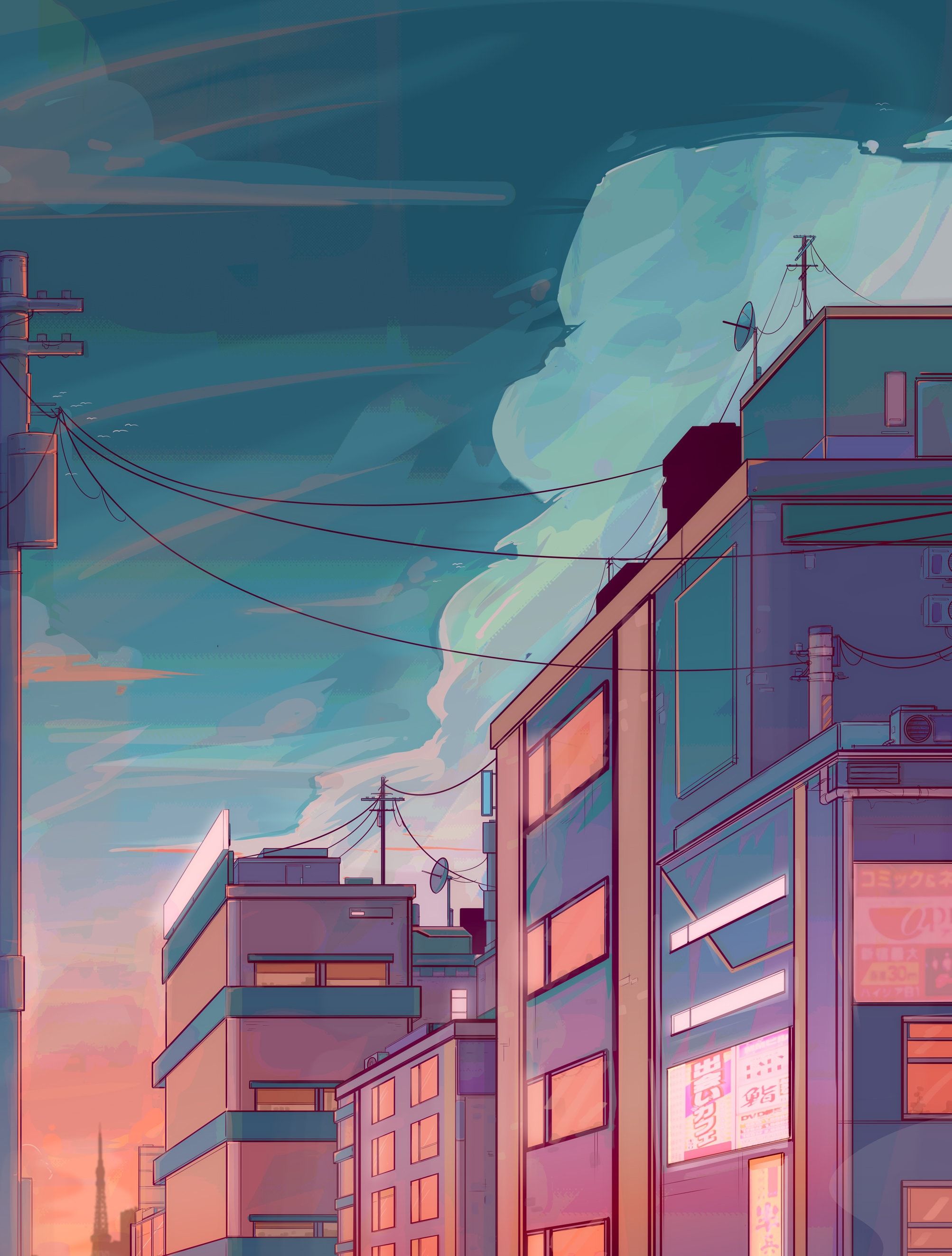 Wohnblock, Wolken, Anime-Stil, Illustration, Rosa und Türkis, QHD+, iPad-Hintergrundbild