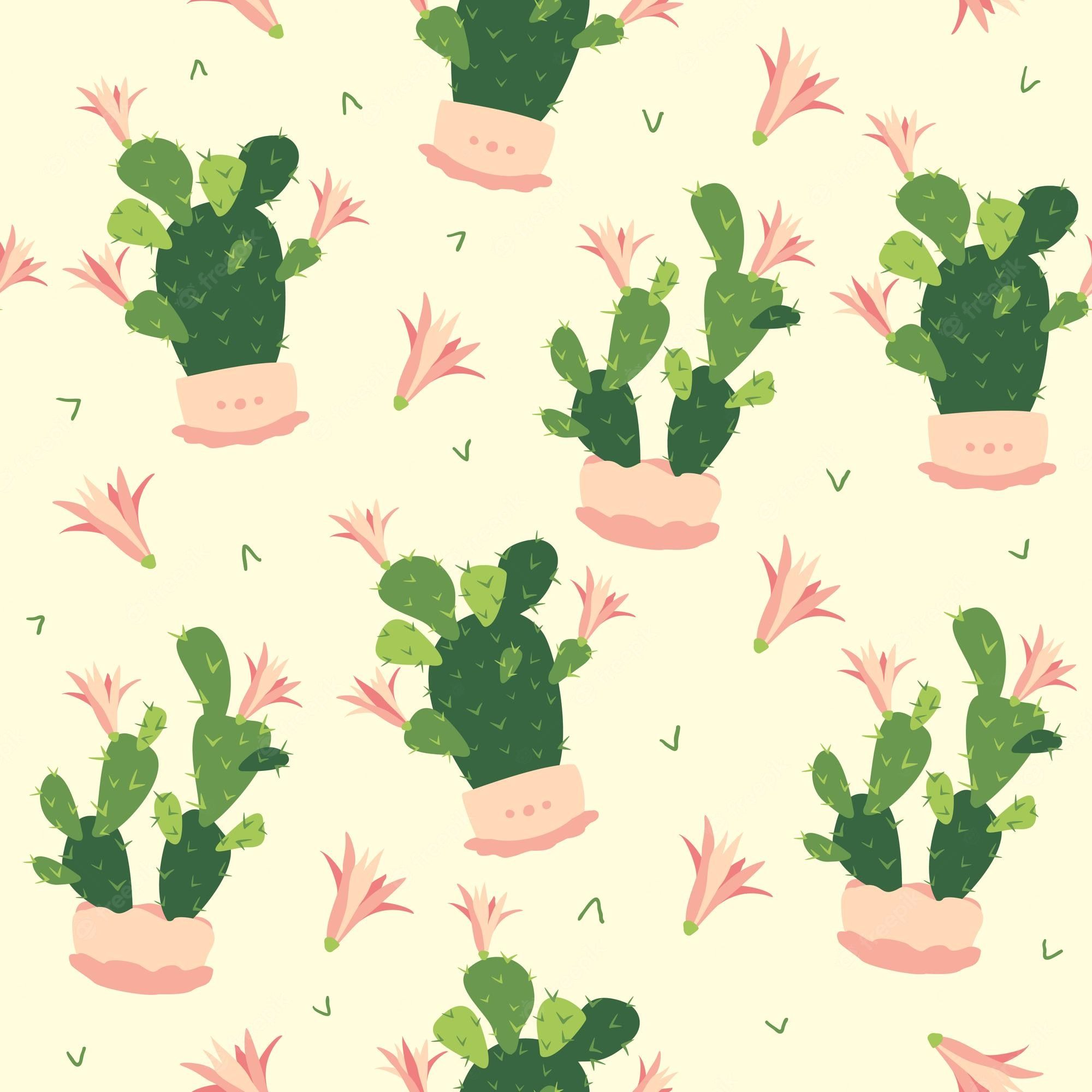 Kakteenmuster, Feigenkaktus, Rosa Töpfe, Cremegelb, Illustration, Full HD, iPad-Hintergrundbild