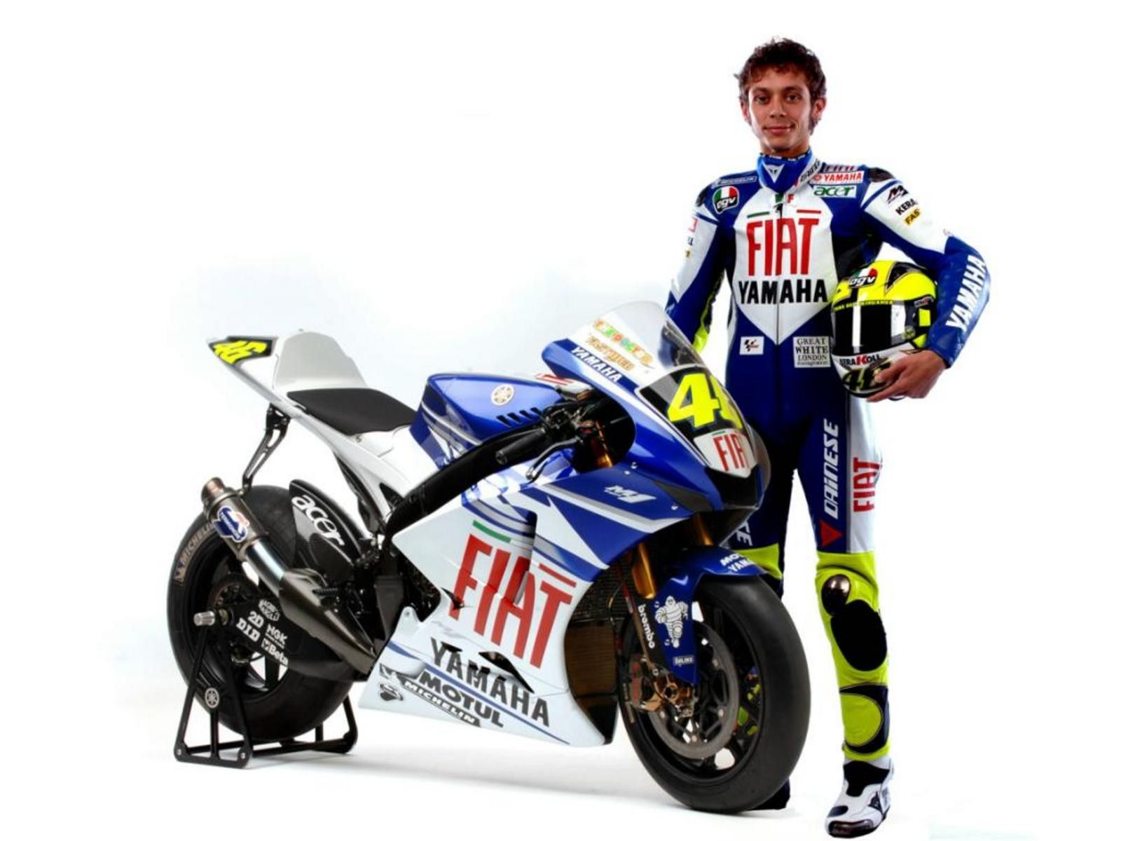 Valentino Rossi, Fiat Yamaha, Yamaha YZR-M1, Rennanzug, Weißer Hintergrund, HD Wallpaper