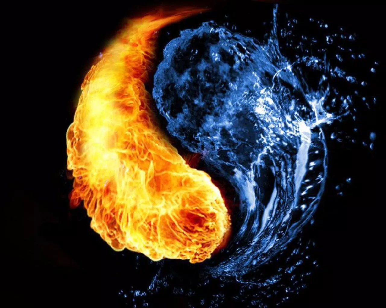 Yin und Yang, Feuer, Wasser, Flammen, Schwarzer Hintergrund, Kontrast, HD Wallpaper