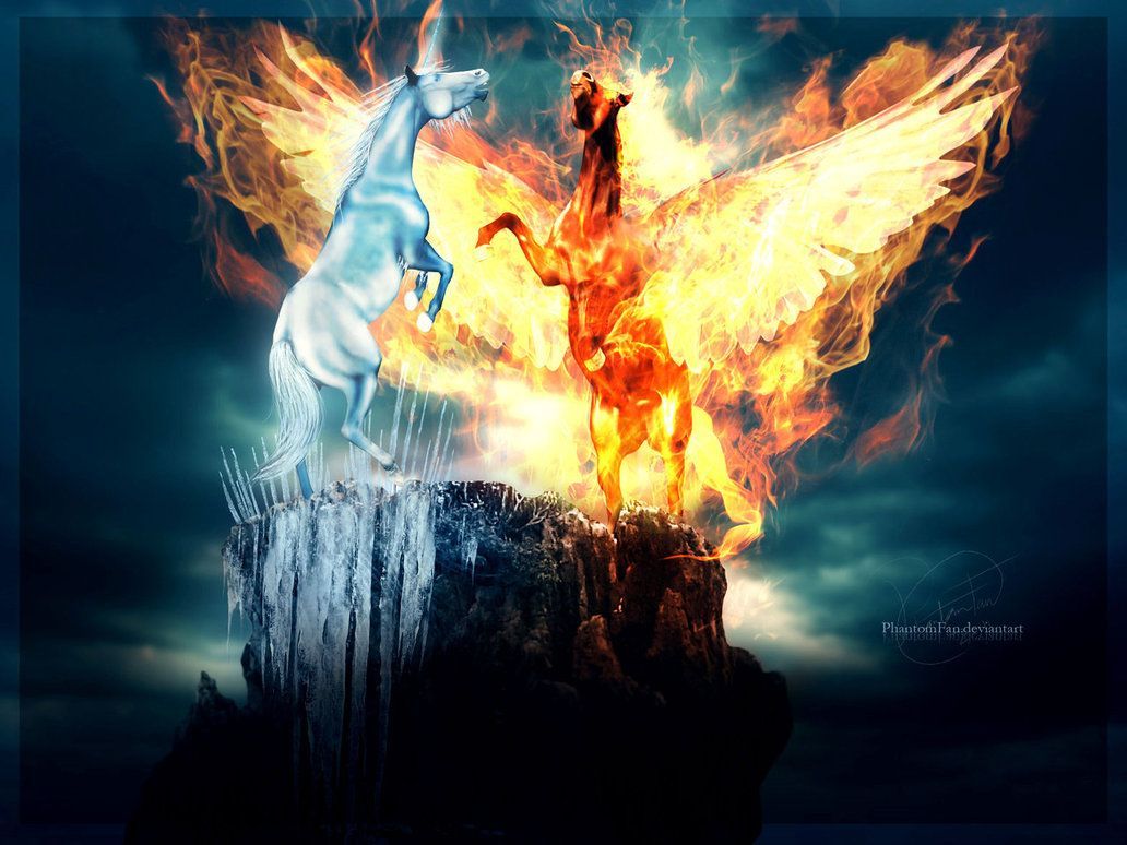 Pegasus, Phönix, Eispferd, Feuervogel, Fantasy, Felsen, Dramatischer Himmel, iPad-Hintergrundbild
