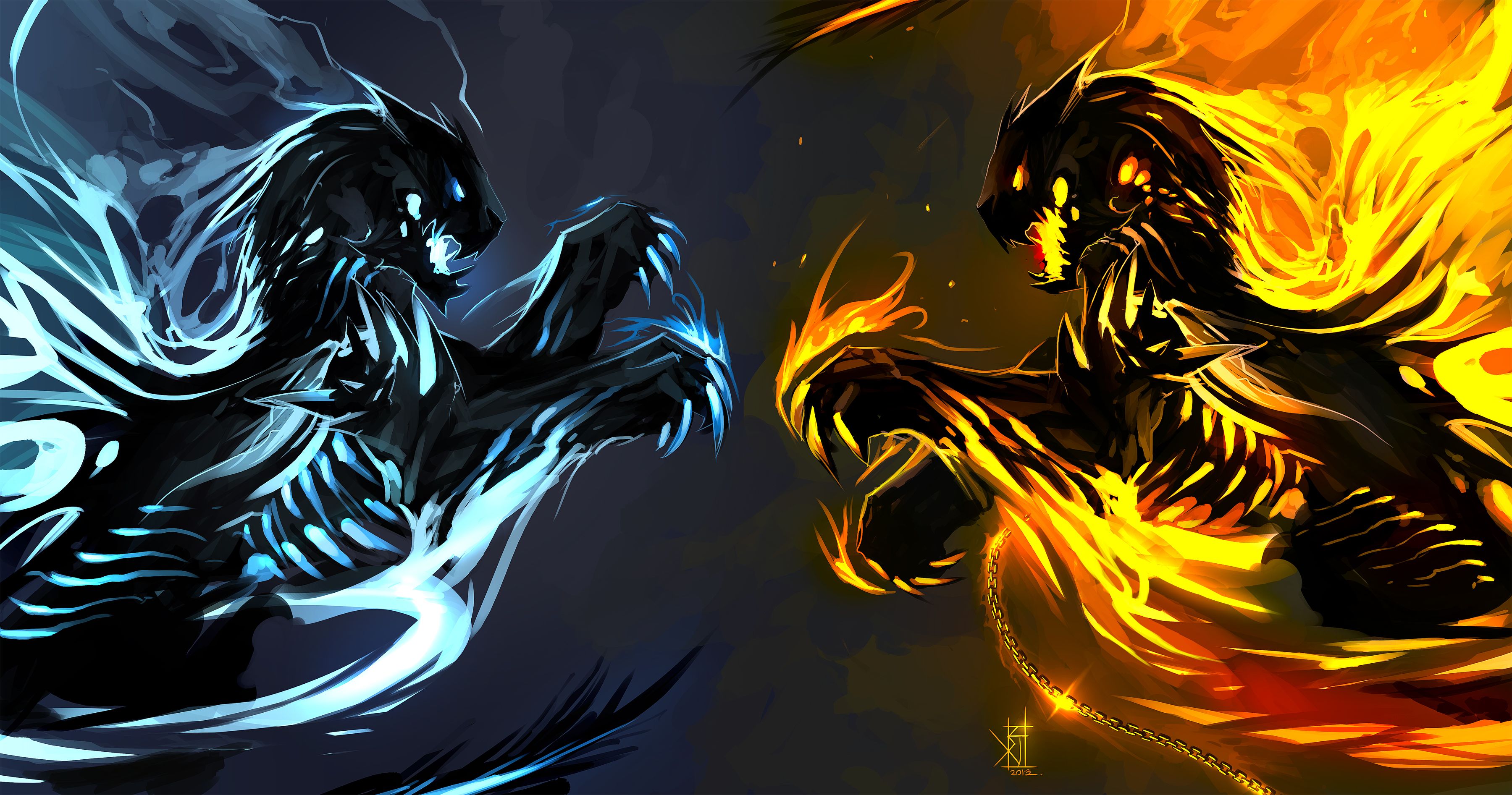 Drachen, Eisdrache, Feuerdrache, Kampf, Digitale Kunst, Blau und Gelb, 2K, Laptop-Hintergrundbild