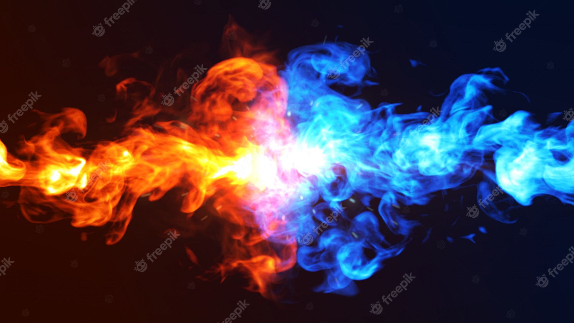 Feuer, Blaue Flammen, Rauch, Kollision, Schwarzer Hintergrund, Full HD Wallpaper
