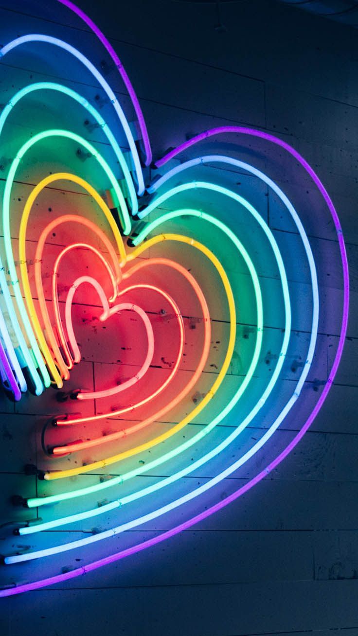 Neonherz, Regenbogenfarben, Leuchtreklame, Dunkle Wand, Liebe, HD, Handy-Hintergrundbild