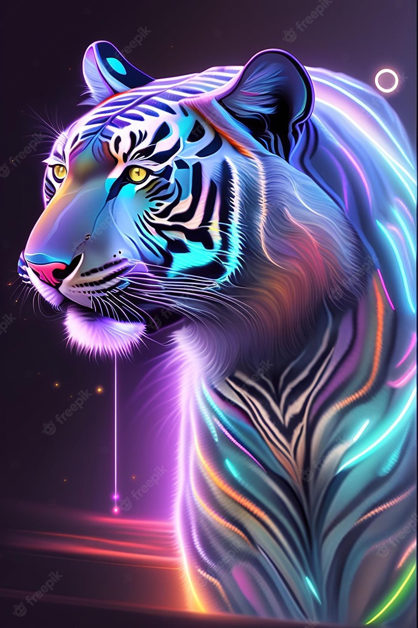 Tiger, Neonfarben, Digitale Kunst, Fantasy, Dunkler Hintergrund, Sperrbildschirm fürs iPhone