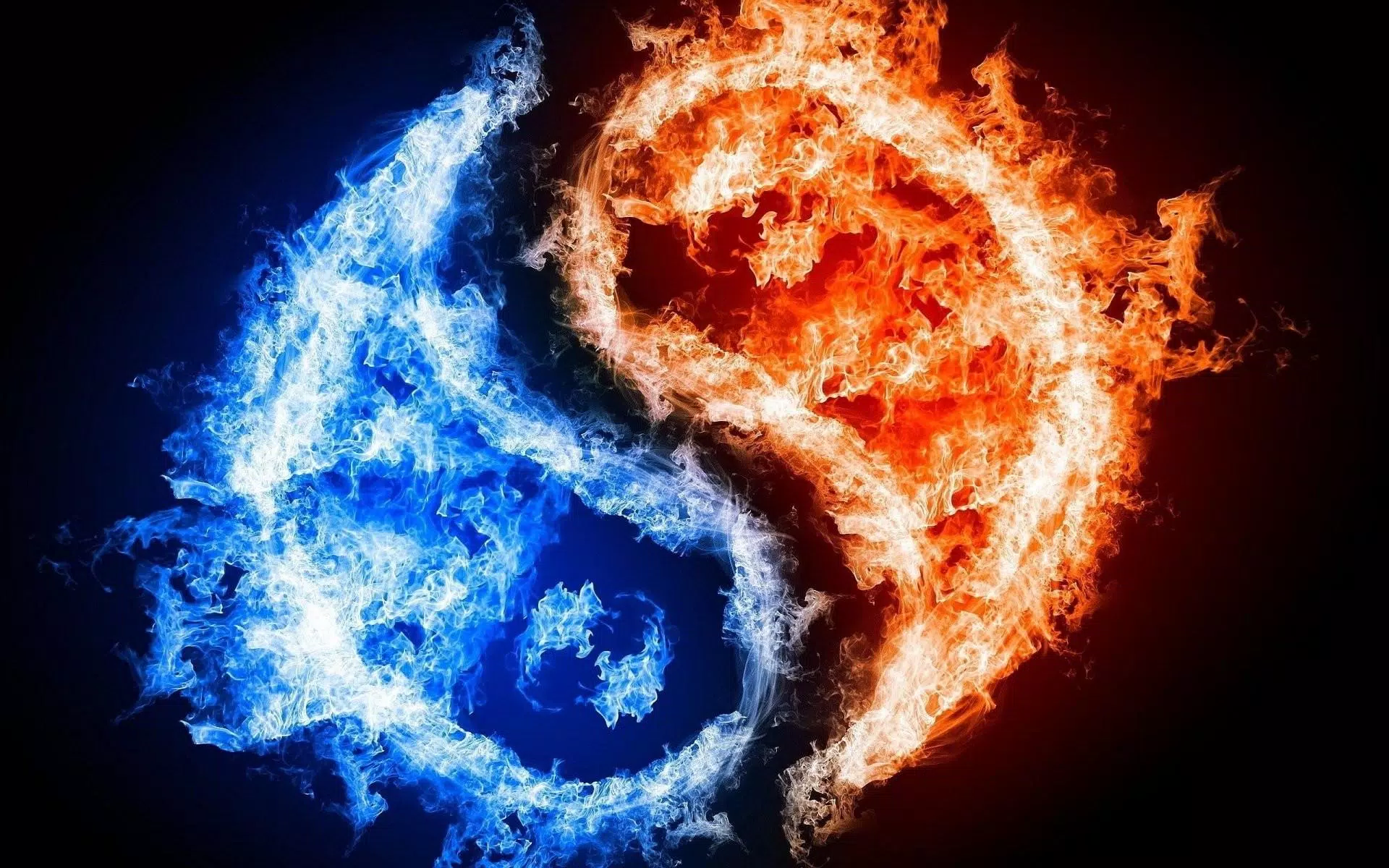 Yin und Yang, Blaues Feuer, Flammen, Symbol, Schwarzer Hintergrund, Full HD Wallpaper