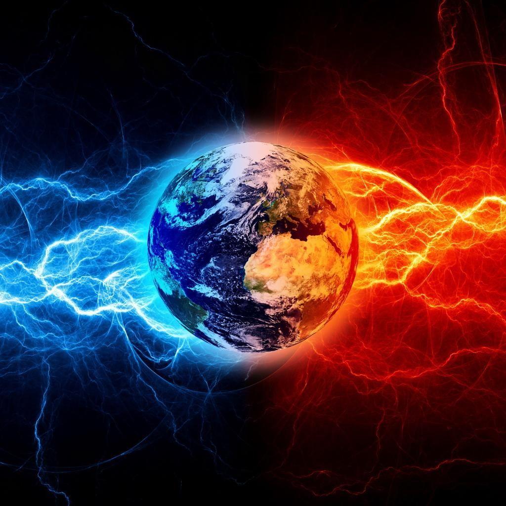 Erde, Planet, Blitze, Rote Energie, Blaue Energie, Weltraum, Hintergrundbild fürs Tablet