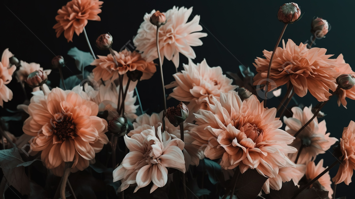Dahlien, Blumen, Pfirsichfarben, Dunkler Hintergrund, Blüte, Wallpaper