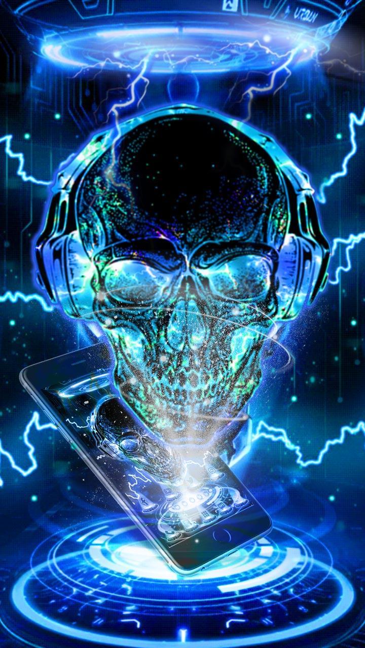 Totenkopf, Hologramm, Blitze, Blau, Sci-Fi, HD, Sperrbildschirm fürs iPhone