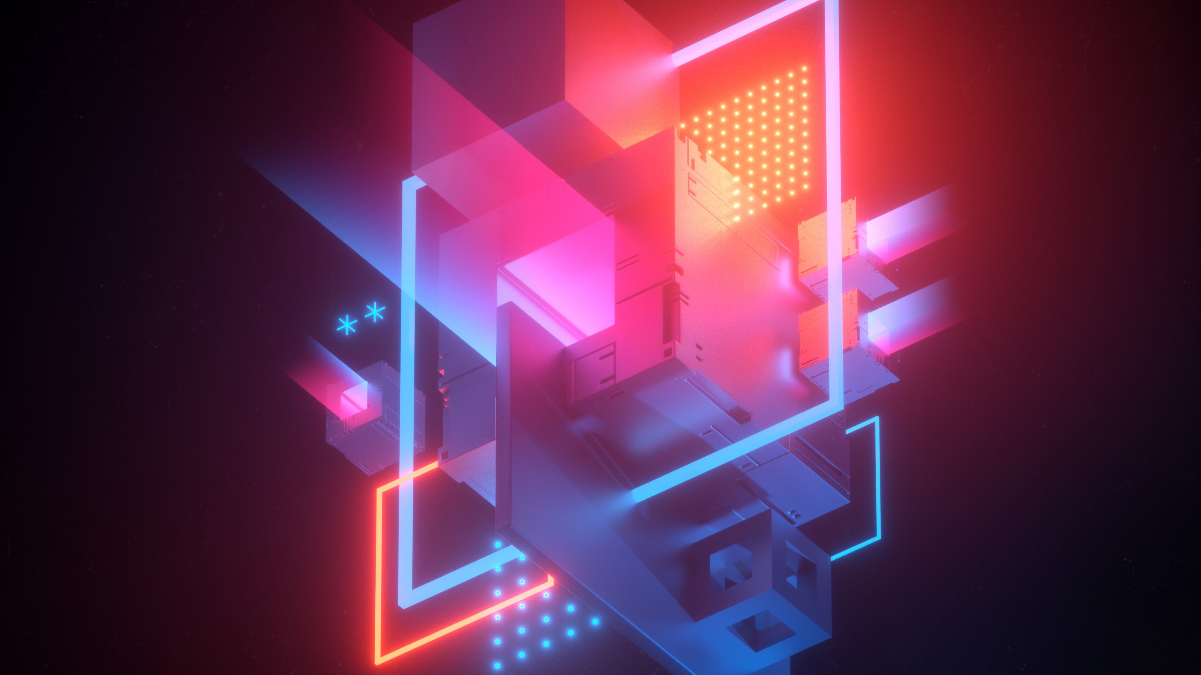 Würfel, Neonrahmen, Rot, Blau, Isometrisch, 4K, Desktop-Hintergrund für Windows