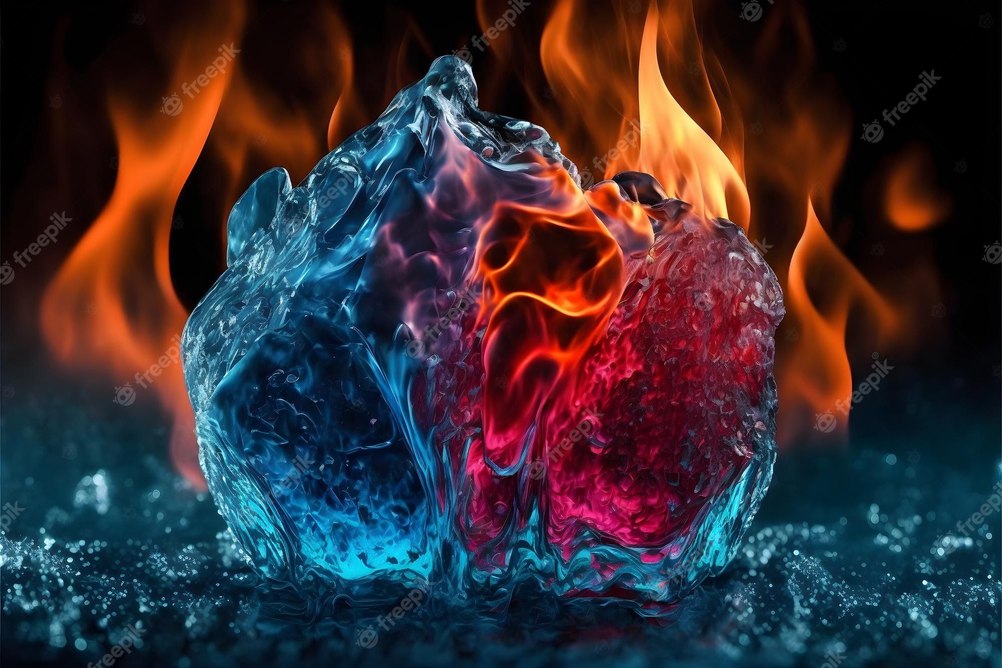 Eisblock, Eis, Flammen, Herz, Rot und Blau, Kontrast, Full HD, Desktop-Hintergrund für Windows