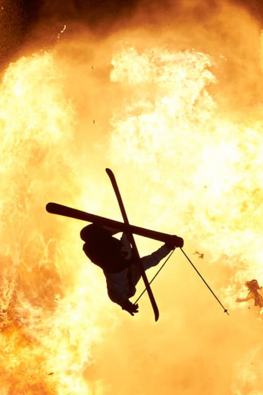 Skifahrer, Silhouette, Explosion, Feuerball, Sprung, Hintergrundbild für iPhone und Android