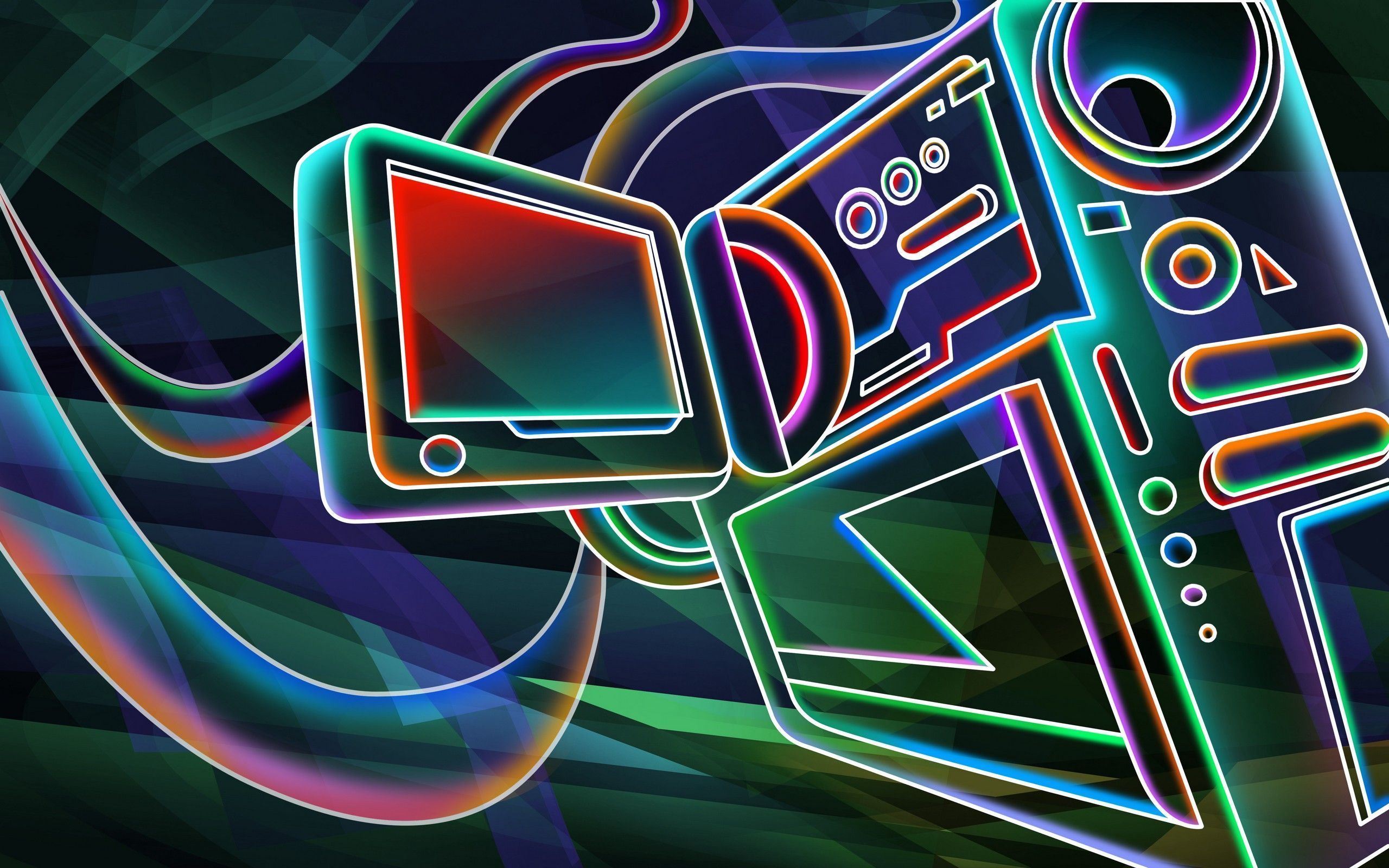 Kamera, Neonlinien, Retro, Bunt, Illustration, 2K, Hintergrund für den Desktop