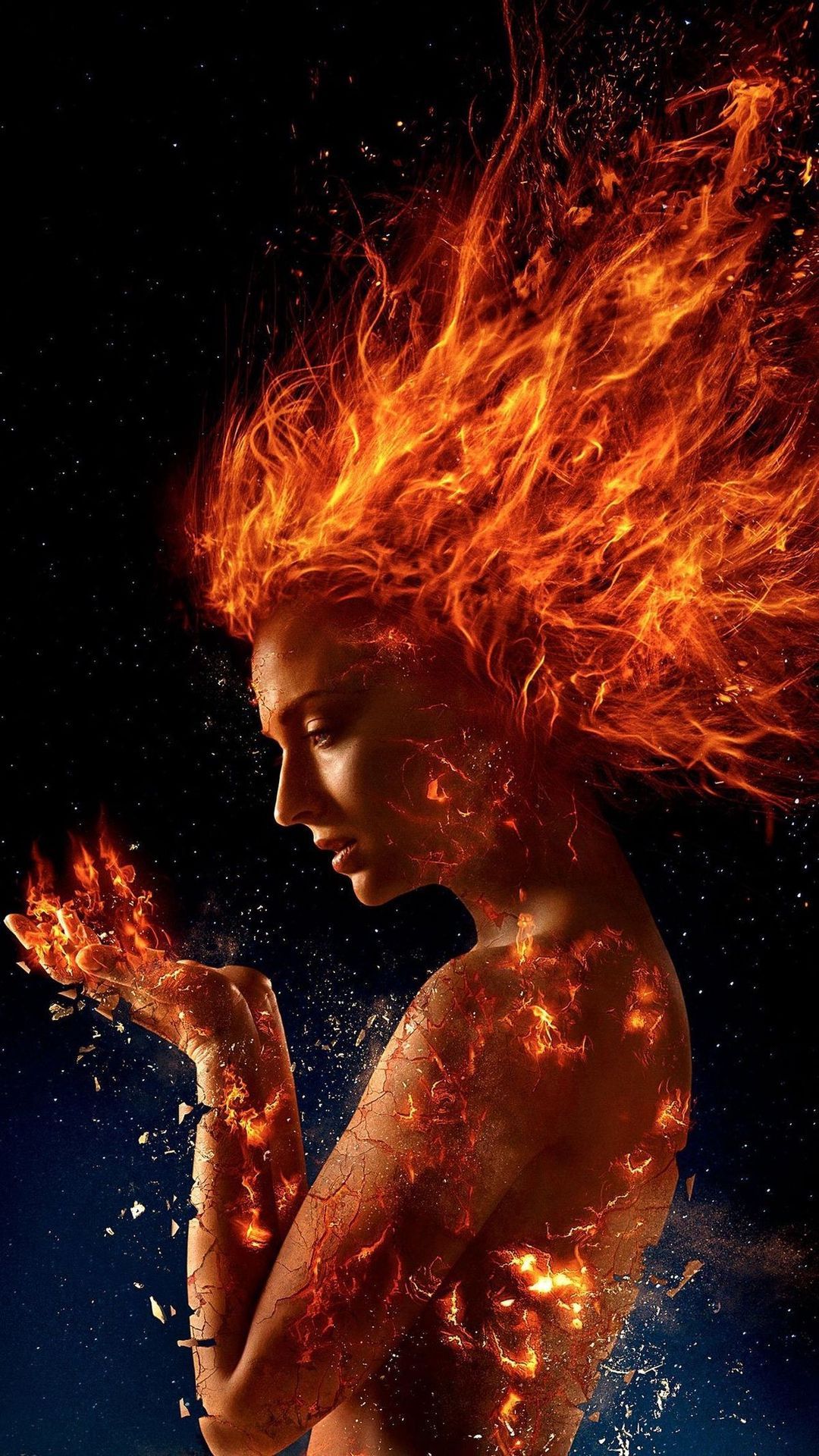 Feuerfrau, Flammenhaar, Fantasy, Wassertropfen, Dunkler Hintergrund, Sperrbildschirm fürs iPhone