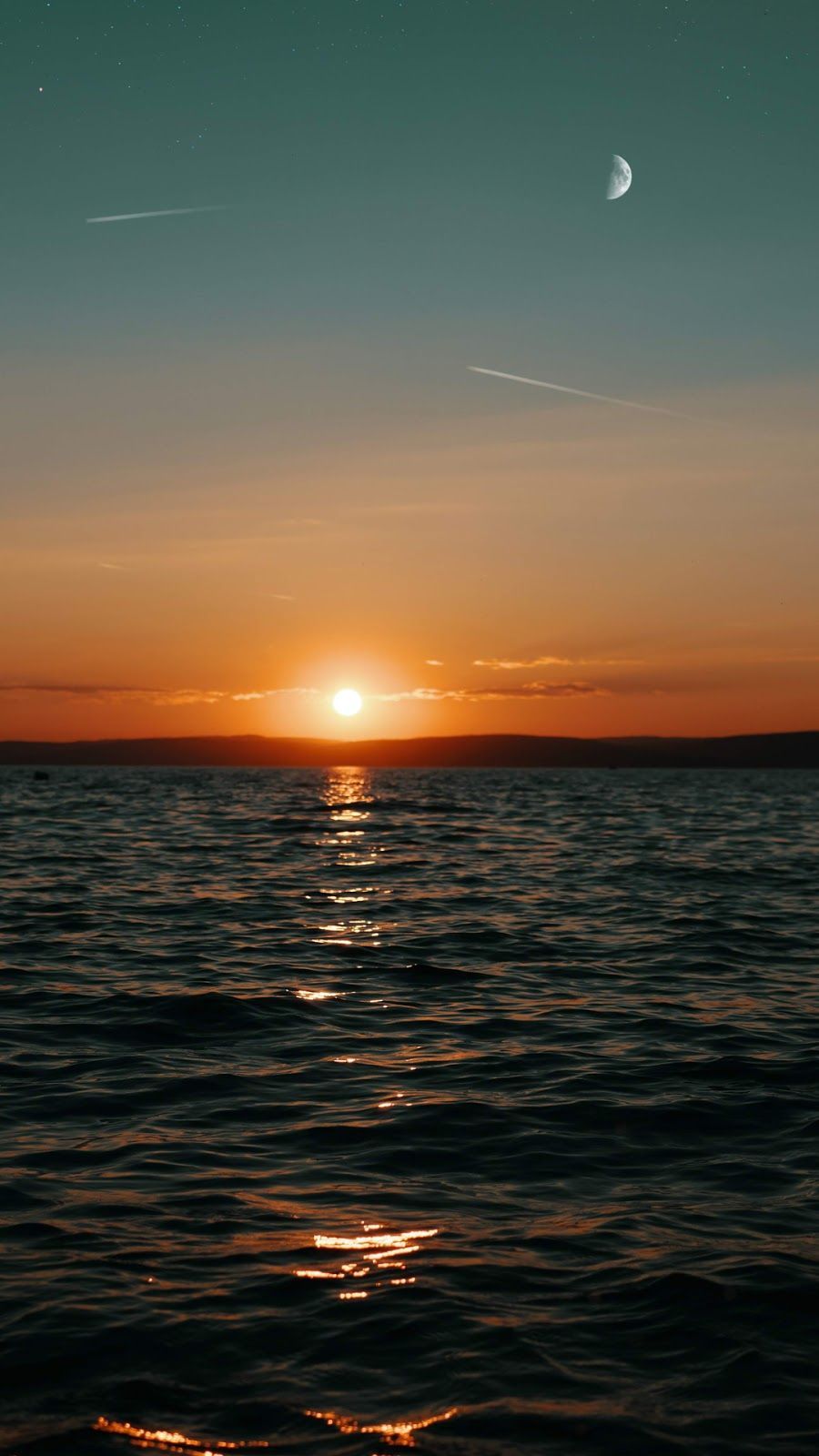 Sonnenuntergang, Meer, Mondsichel, Horizont, Dämmerung, HD, Sperrbildschirm fürs iPhone