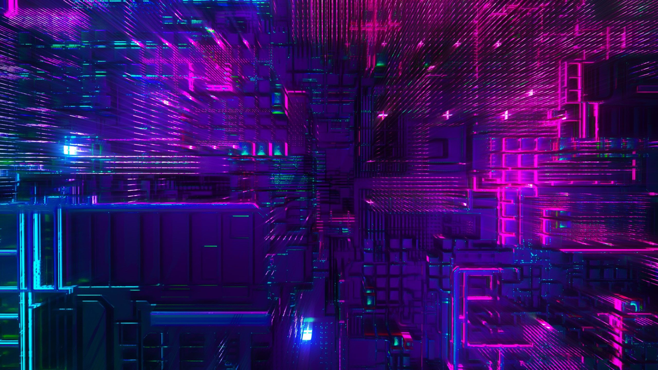 Digitale Stadt, Würfel, Lila, Blau, Cyberpunk, 2K, Hintergrundbild für den PC