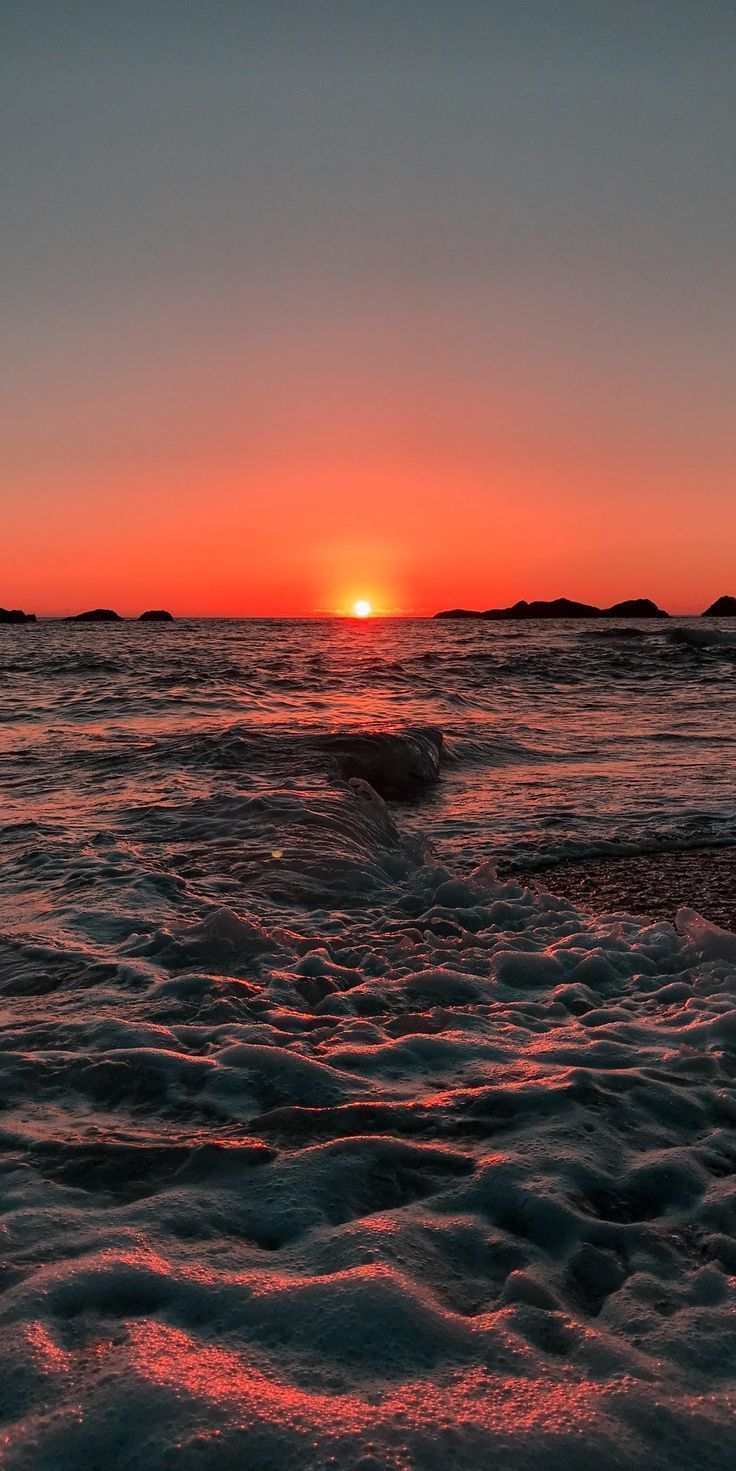 Sonnenuntergang, Meer, Wellen, Roter Horizont, Dämmerung, HD, Handy-Hintergrundbild