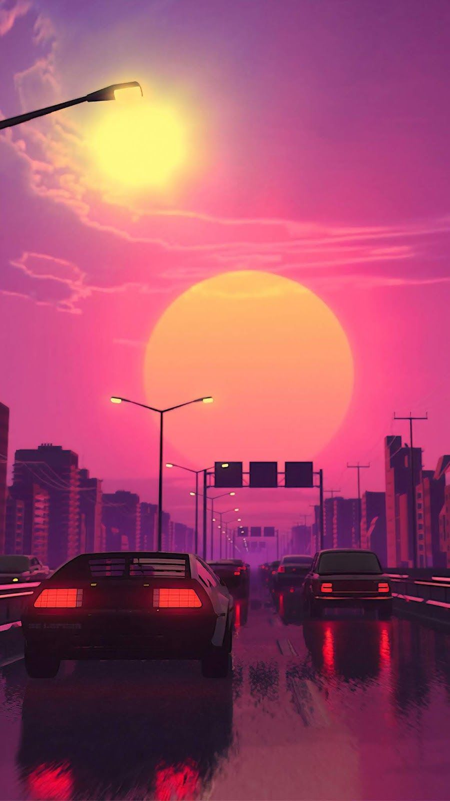 Retrowave, Sportwagen, Stadt, Pink, Synthwave, Hochformat, Hintergrundbild fürs Smartphone